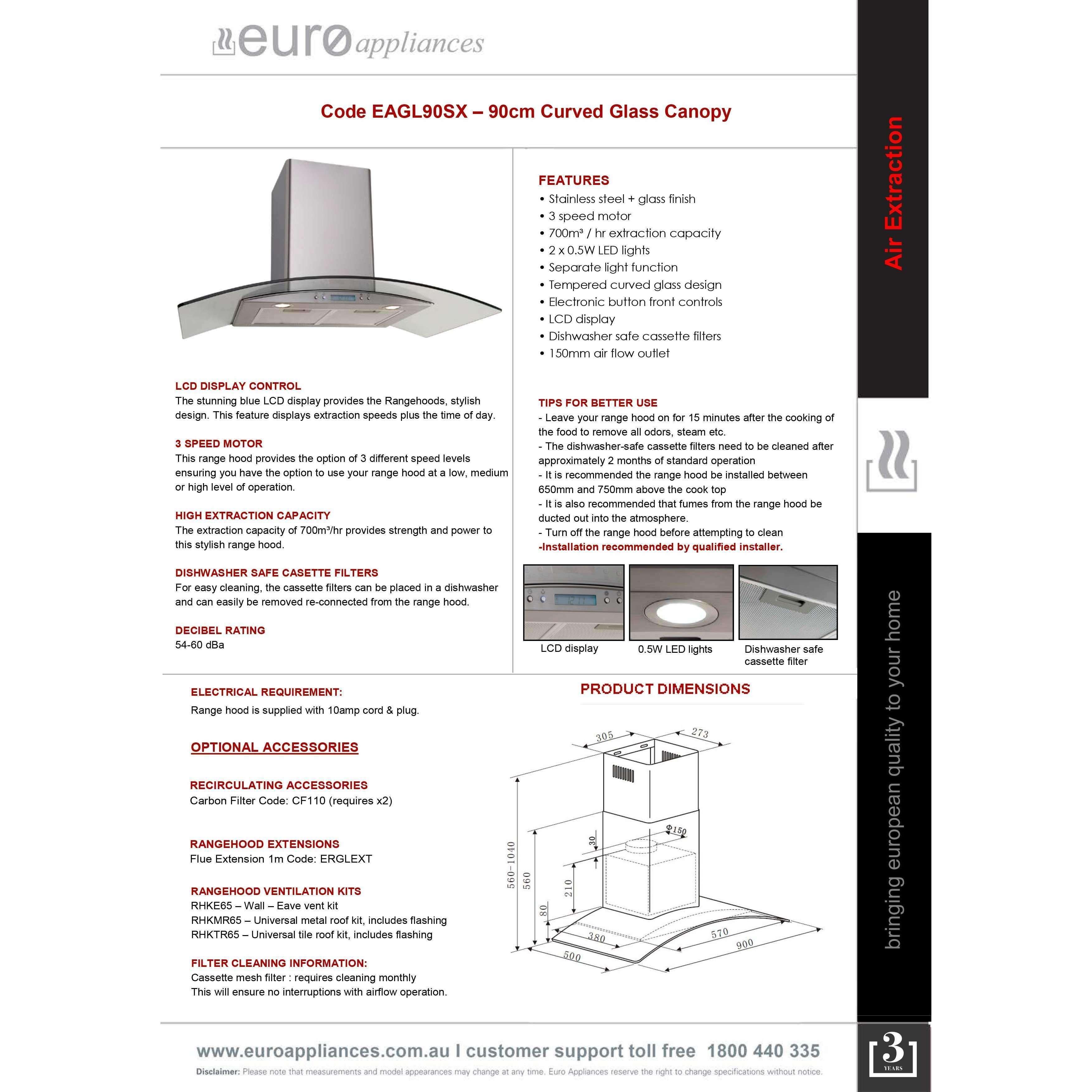 Euro 90Cm Canopy Rangehood Curved Glass Eagl90Sx - Burdens Plumbing