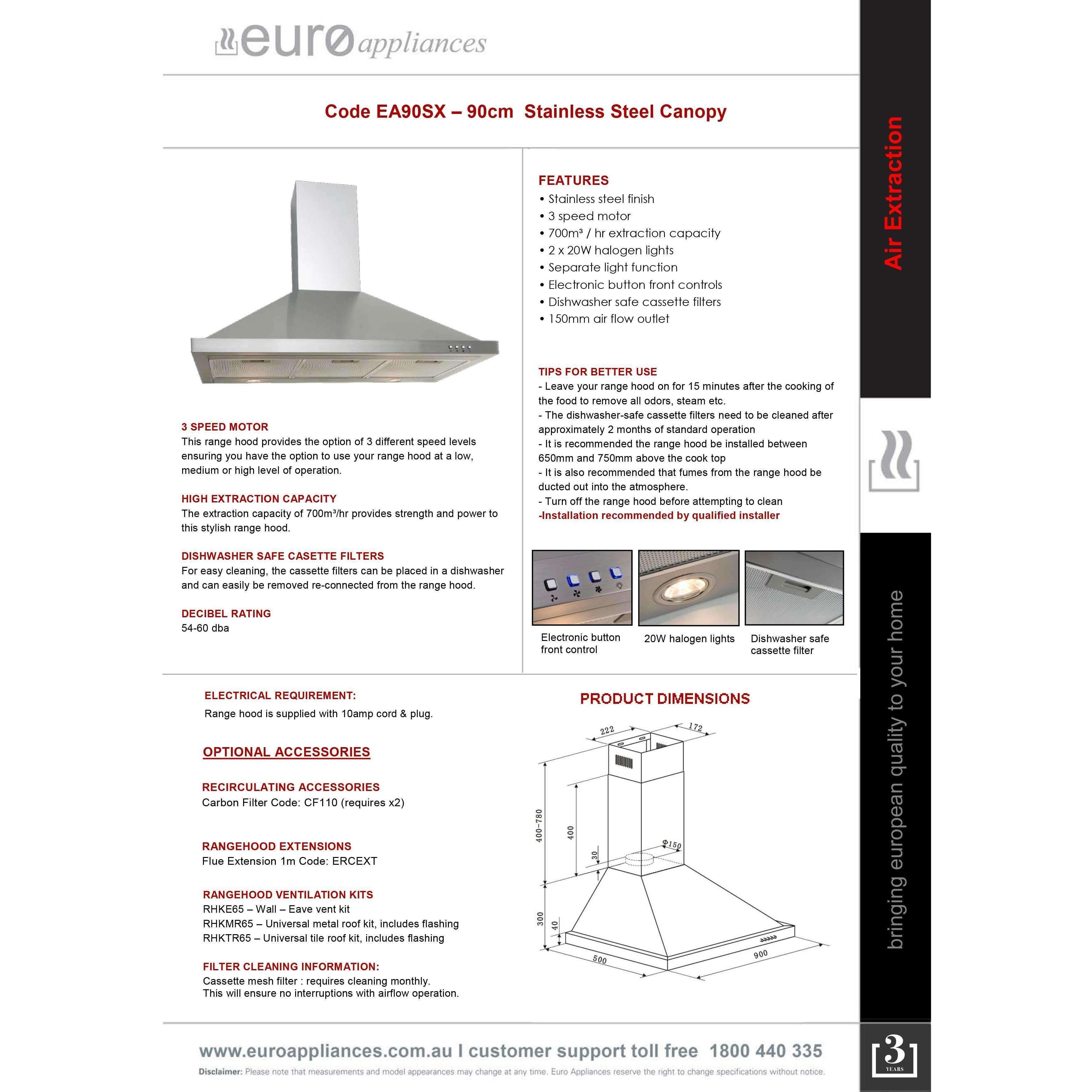 Euro 90Cm Canopy Rangehood S/Steel Ea90Sx - Burdens Plumbing