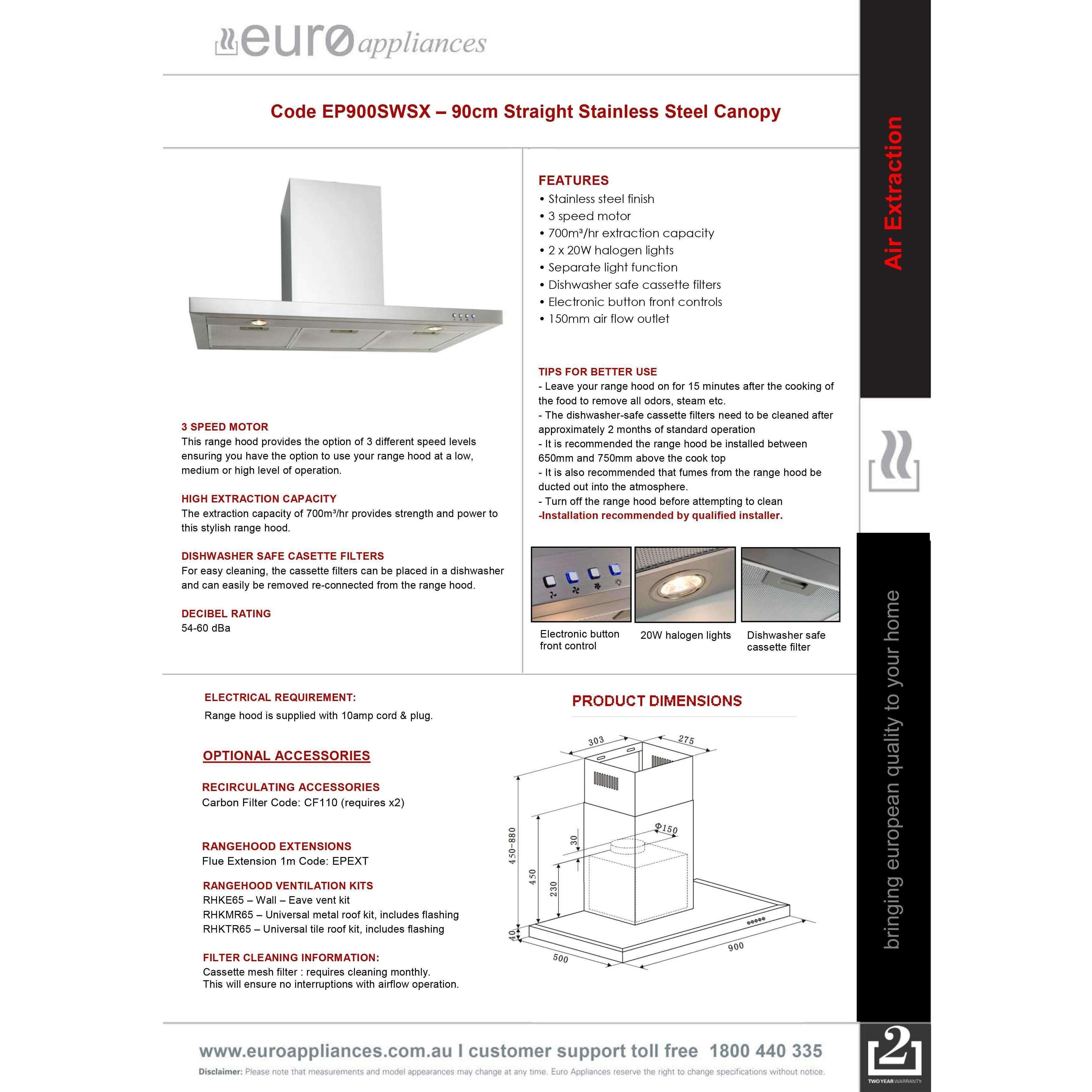 Euro 90Cm Canopy Rangehood S/Steel Ep900Swsx - Burdens Plumbing