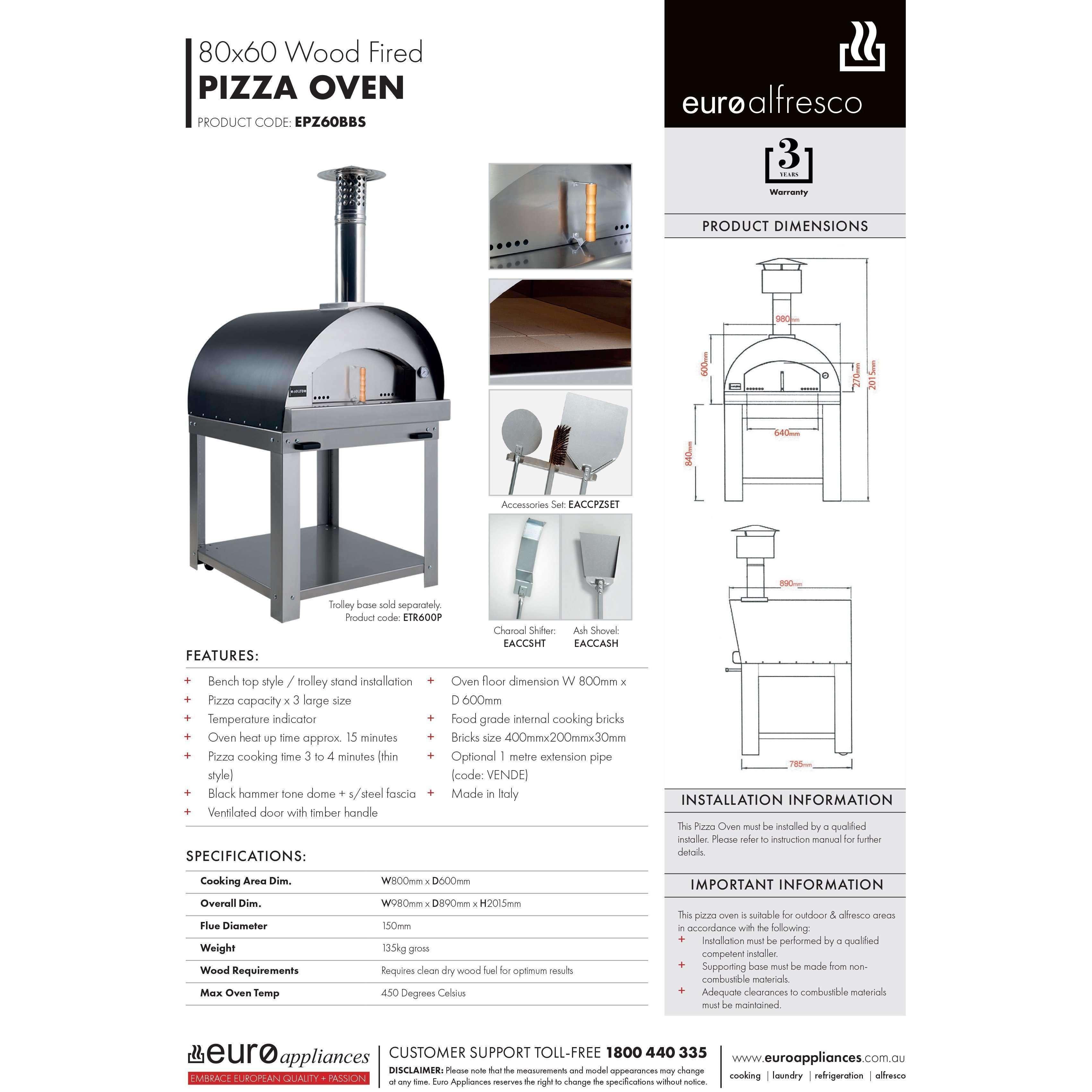 Euro Alfresco Pizza Oven 60X80 S/Steel & Black Epz60Bbs - Burdens Plumbing