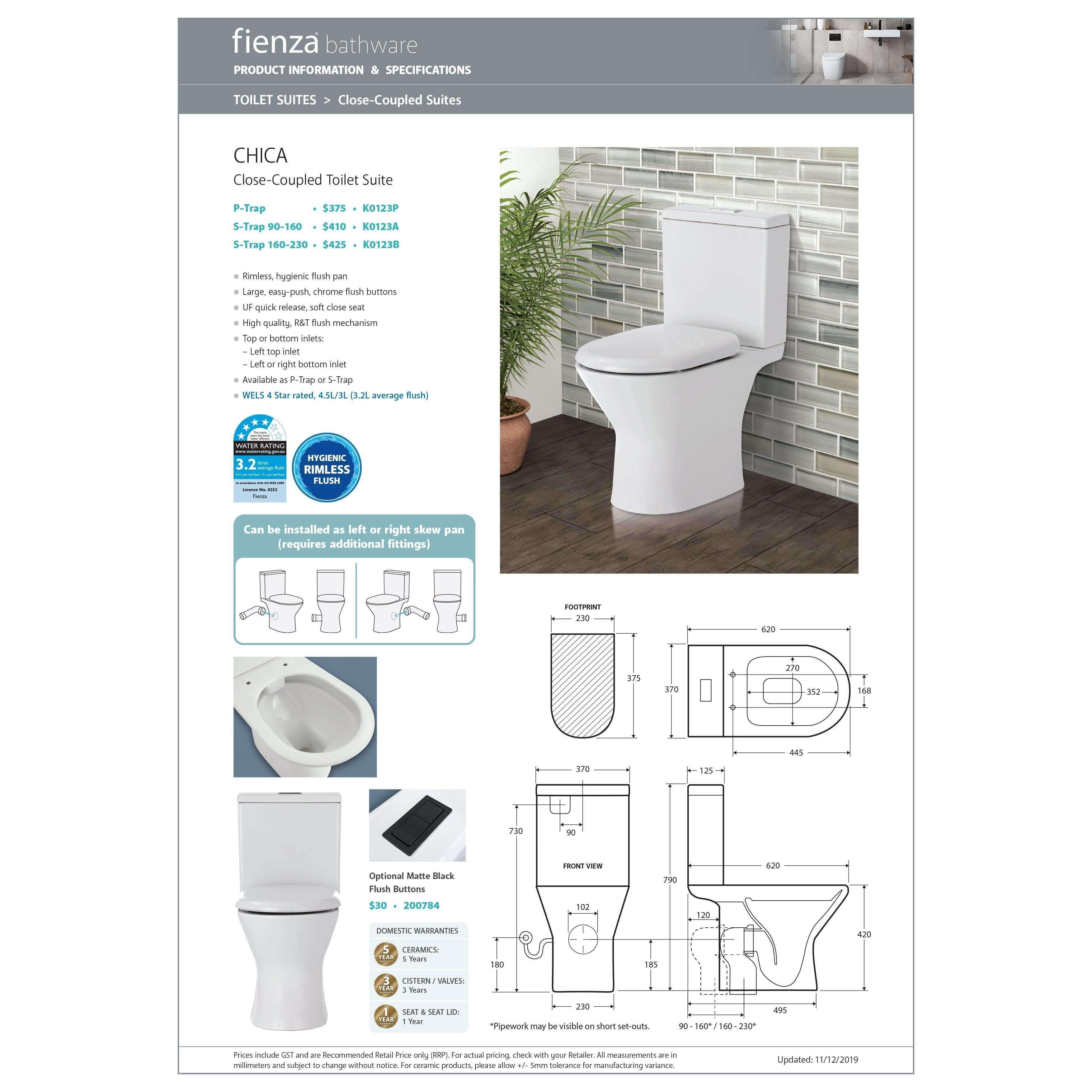 Fienza Chica Rimless C/C 4.5/3 Litre 4 Star Suite S Trap 90-160 S - Burdens Plumbing