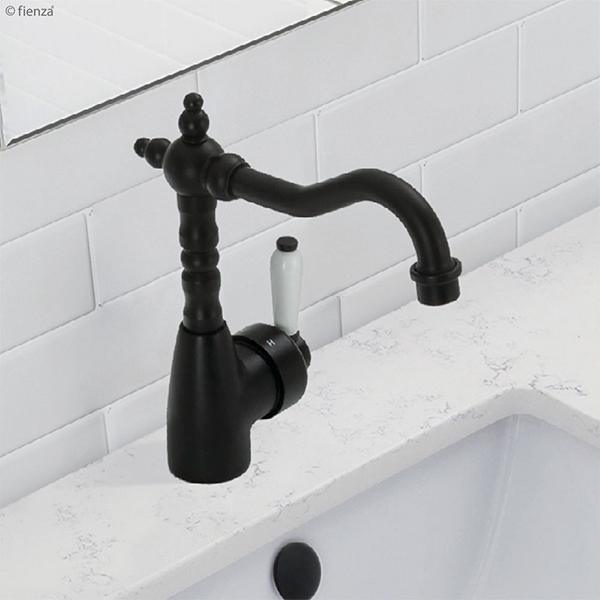 Fienza Eleanor Shepherds Crook Basin Mixer - Matte Black/Ceramic - Burdens Plumbing