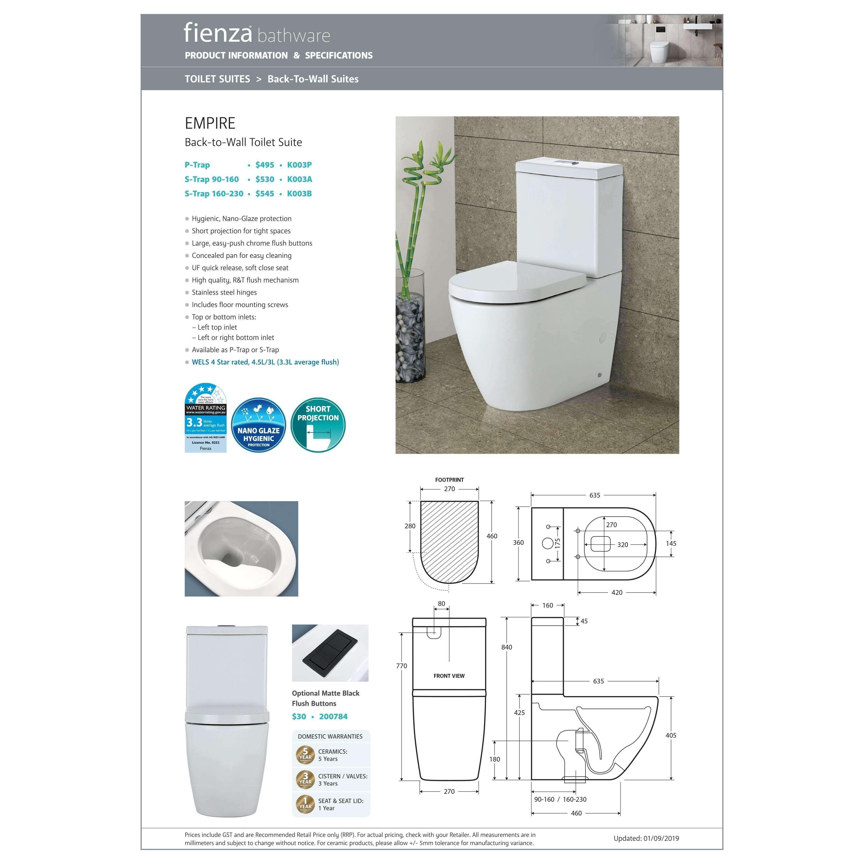 Fienza Empire S Trap 90- 160 Btw Toilet Suite K003A - Burdens Plumbing