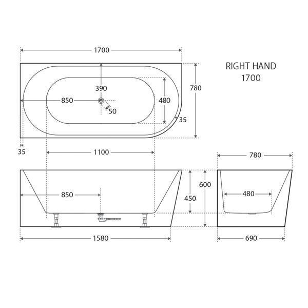 Fienza Isabella 1700mm Corner Bath Right Hand Fr67-1700R - Burdens Plumbing