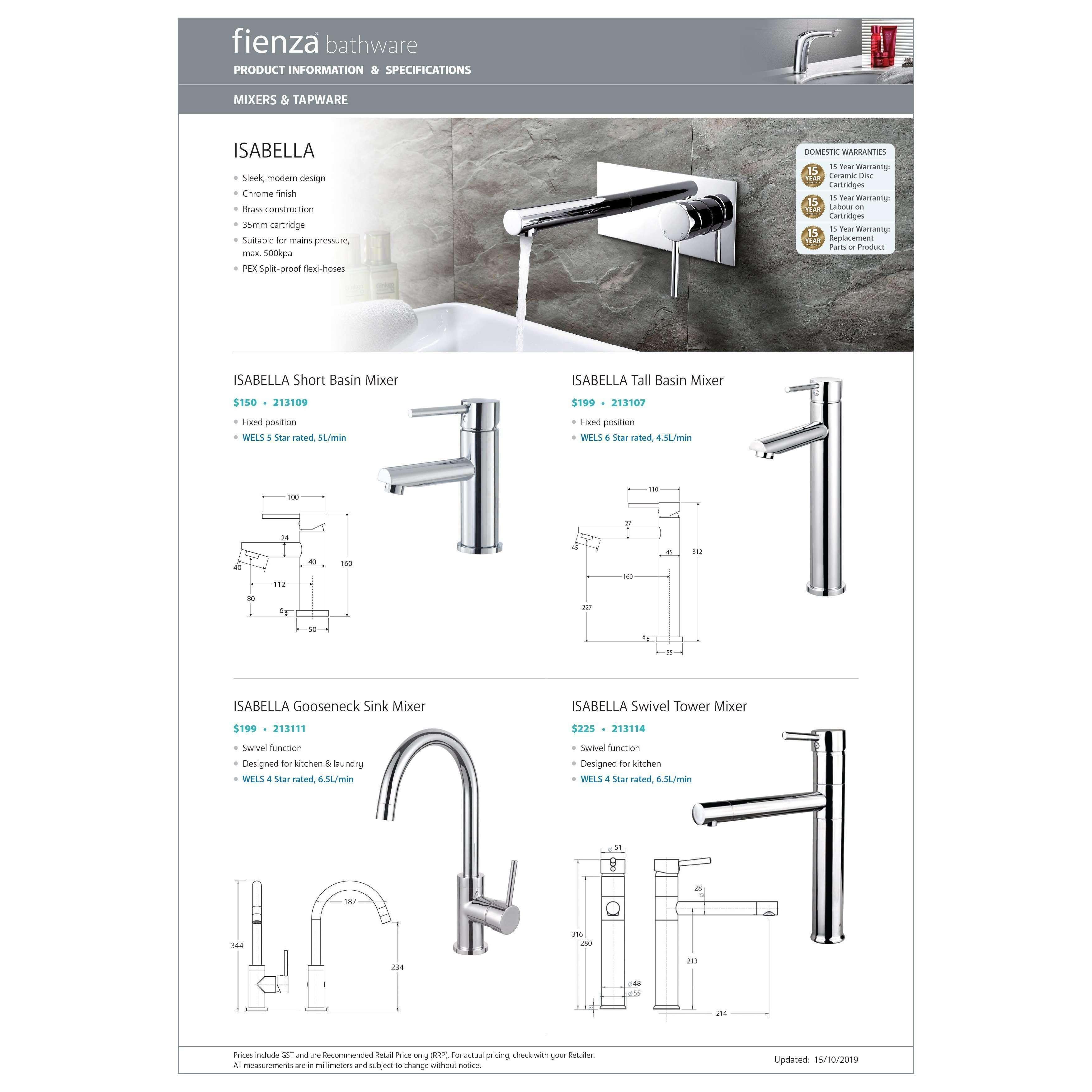 Fienza Isabella Bath Filler Inc Mixer With Shower Head Chro - Burdens Plumbing