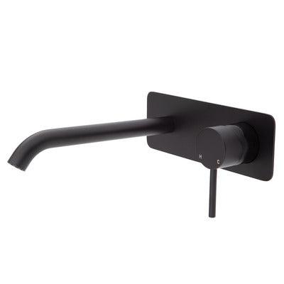 Fienza Kaya Basin/Bath Wall Mixer 200mm Outlet Matte Black Soft Square Matte Black Plate - Burdens Plumbing