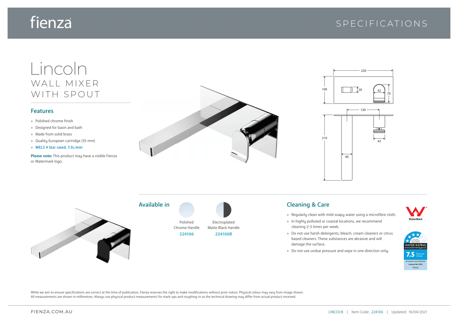 Fienza Lincoln Wall Mixer Spout, Mixed Finish - Burdens Plumbing