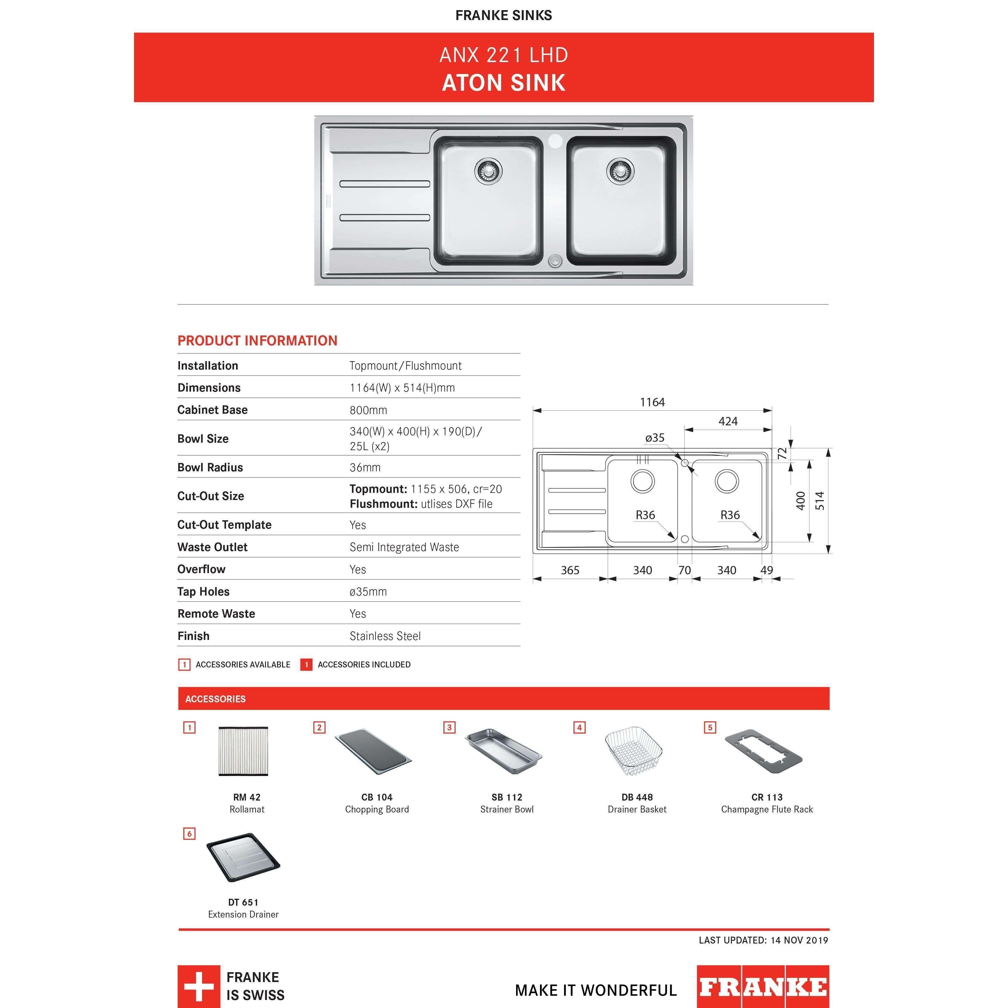 Franke Aton Double Bowl Sink Right Hand Drainer 1Th Anx221Rhd: Ex-Display - Burdens Plumbing
