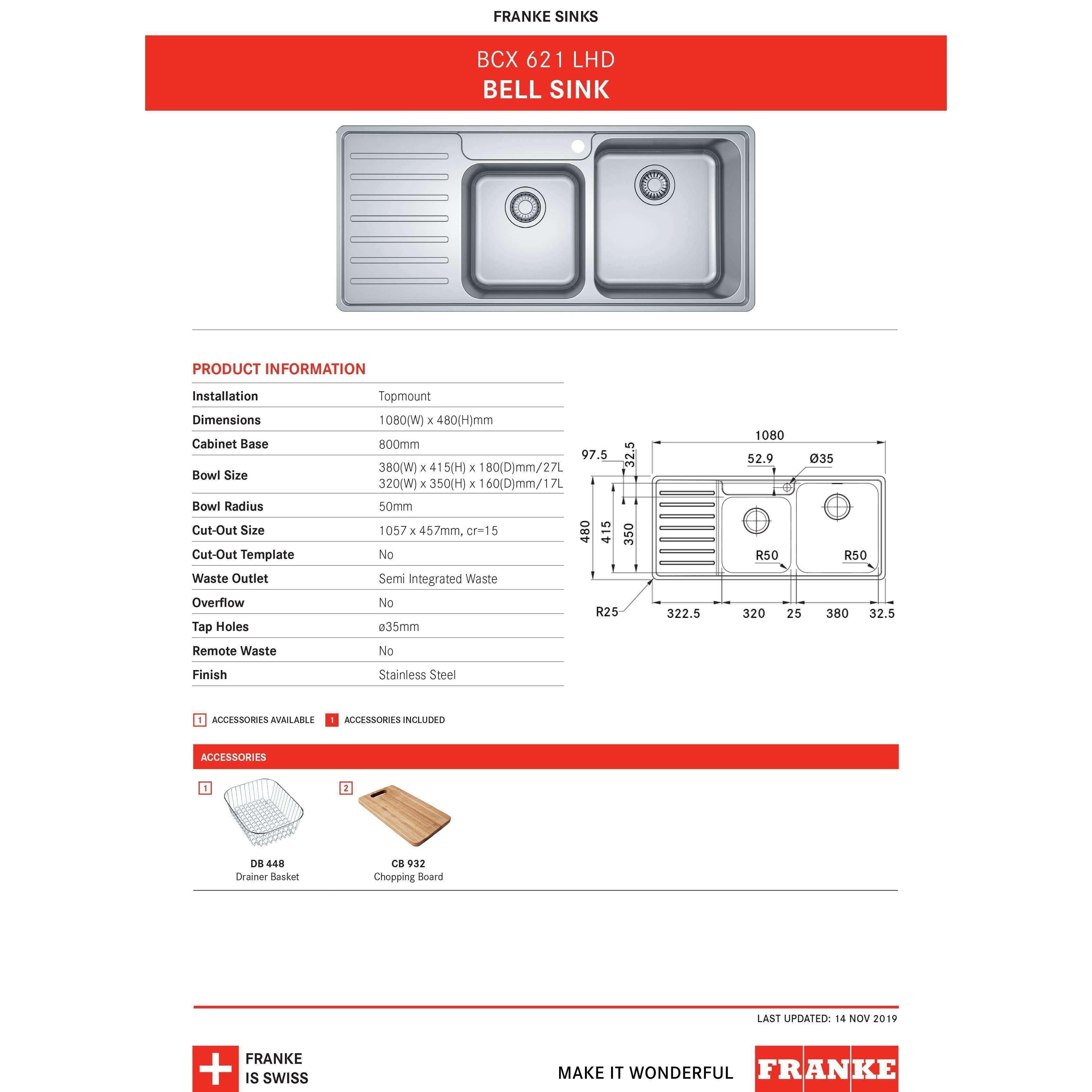 Franke Bell Inset Sink Double Bowl With Drainer 1080mm Bcx621Lhd - Burdens Plumbing