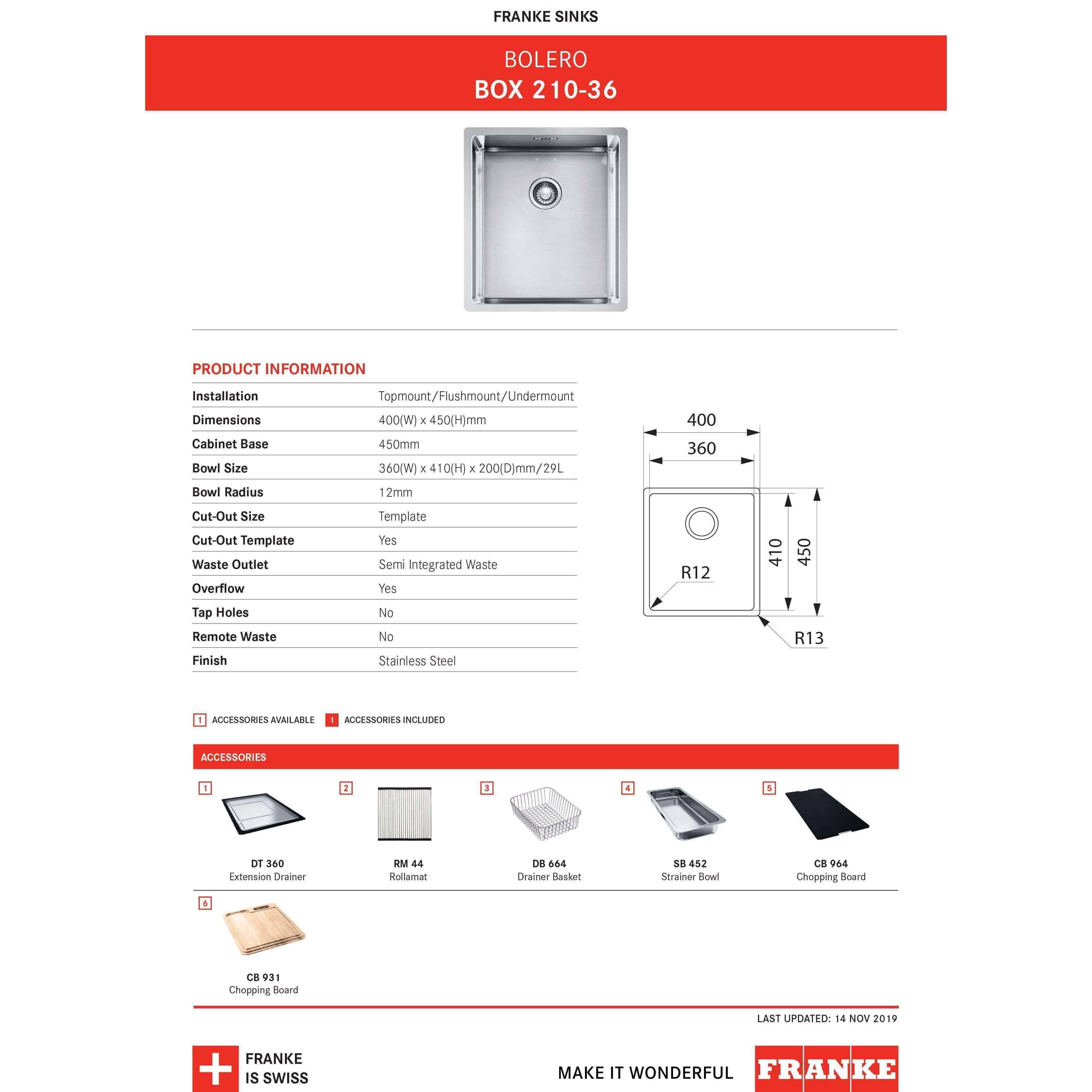 Franke Bolero Box 210-36 Stainless Steel Sink 101.0382.520 - Burdens Plumbing