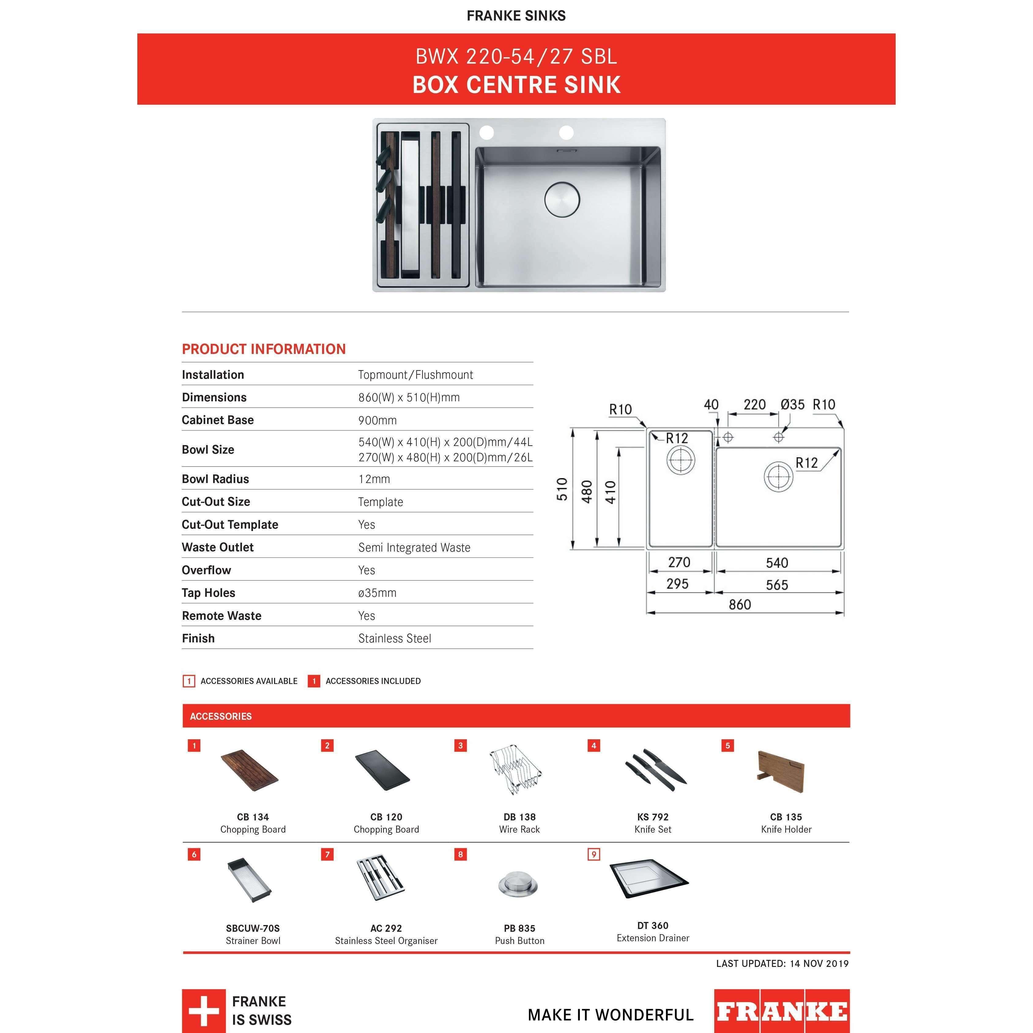 Franke Box Centre Double Bowl Sink S/Steel Hof Kit Bwx220-54/27 Sbl - Burdens Plumbing