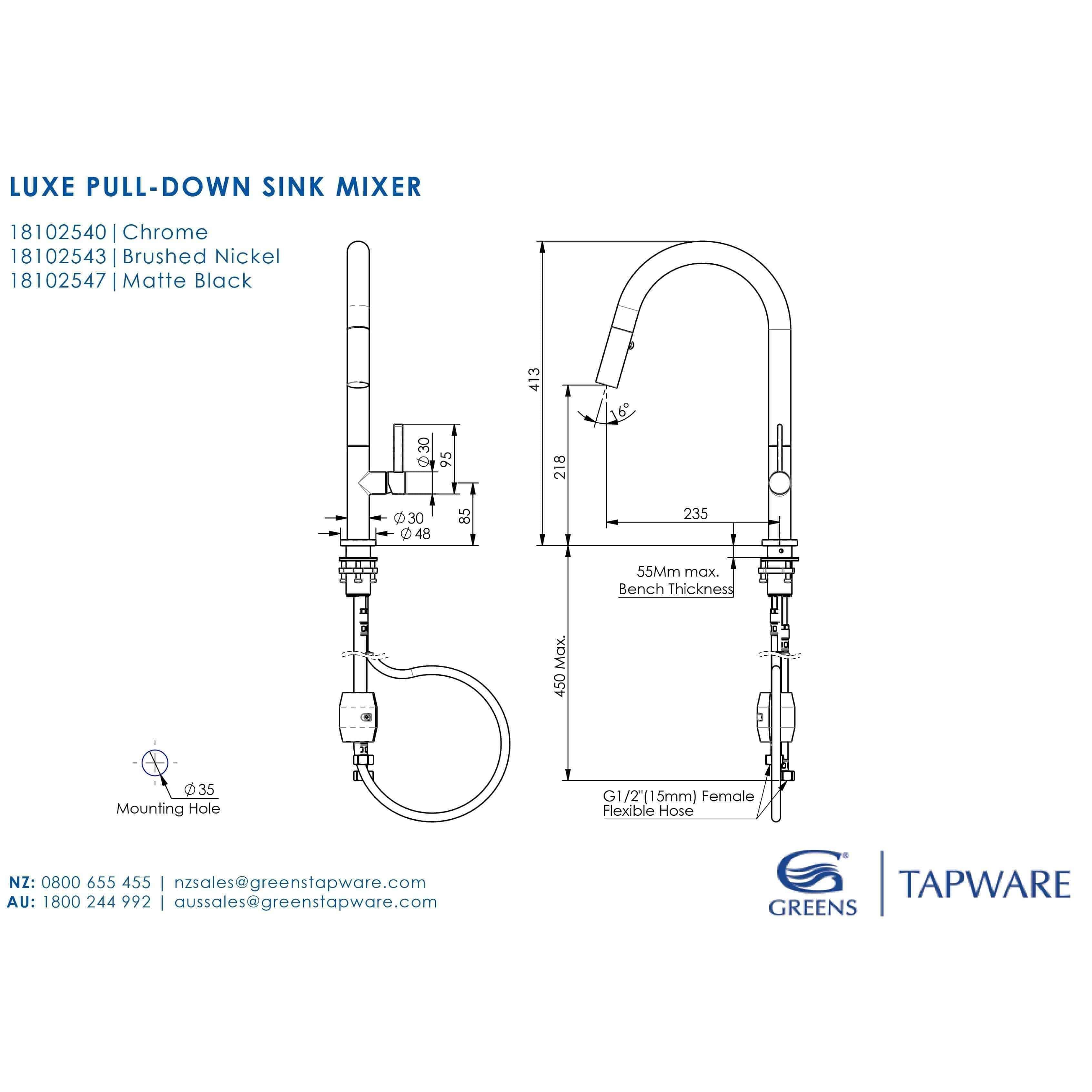 Greens Luxe Pull Down Sink Mixer Brushed Stainless 18102543 - Burdens Plumbing