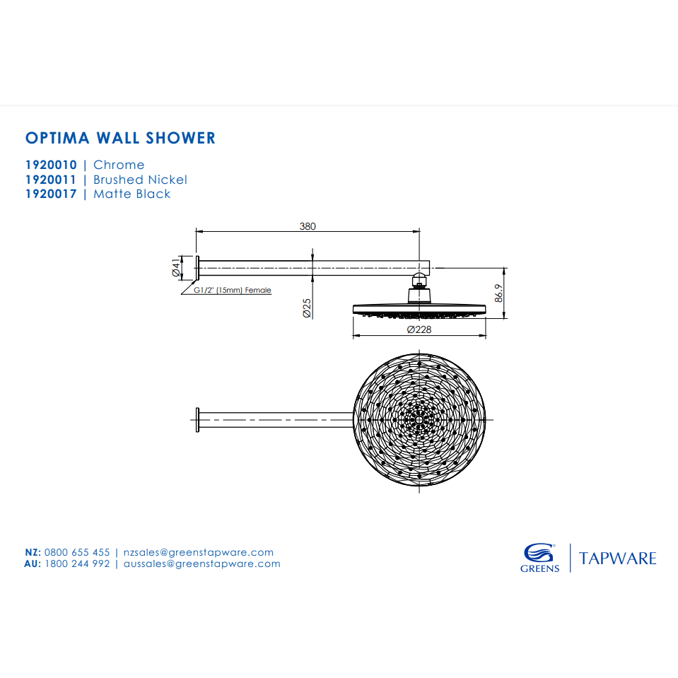 Greens Optima Wall Shower Chrome - Burdens Plumbing