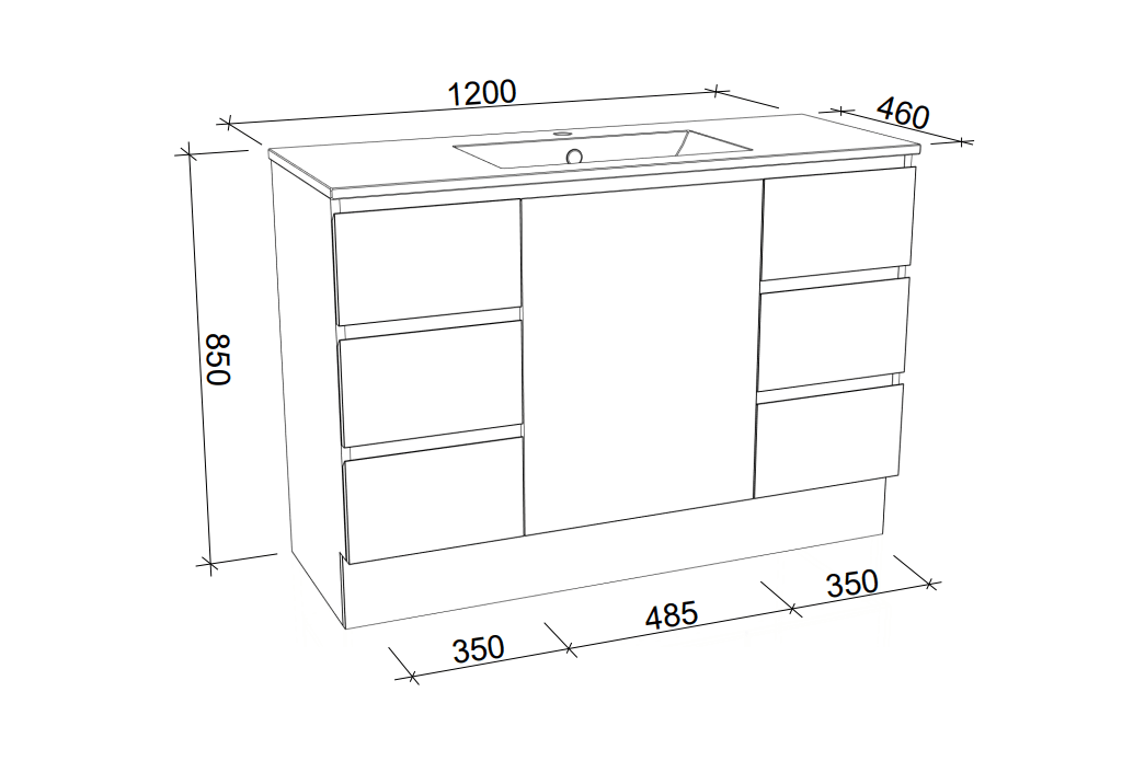Harmony Six Drawer Vanity 1200mm, Centre Bowl Alpha Top, Floor Standing - Burdens Plumbing