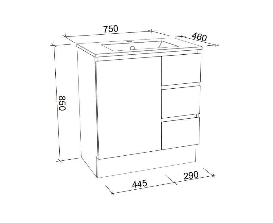 Harmony Three Drawer Vanity 750mm, Centre Bowl Alpha Top, Floor Standing - Burdens Plumbing