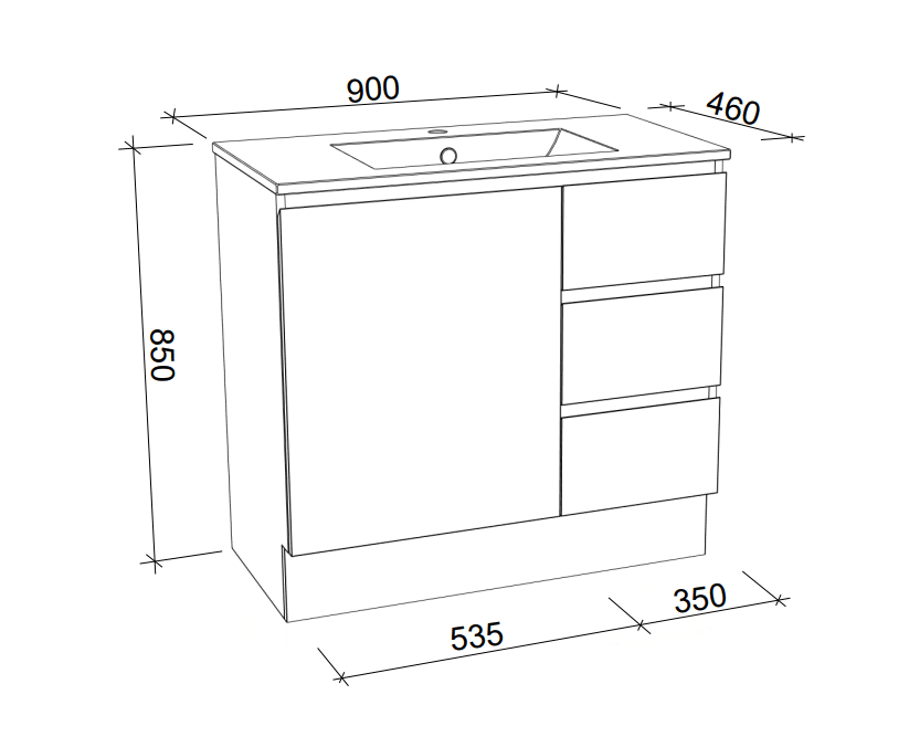 Harmony Three Drawer Vanity 900mm, Centre Bowl Alpha Top, Floor Standing - Burdens Plumbing