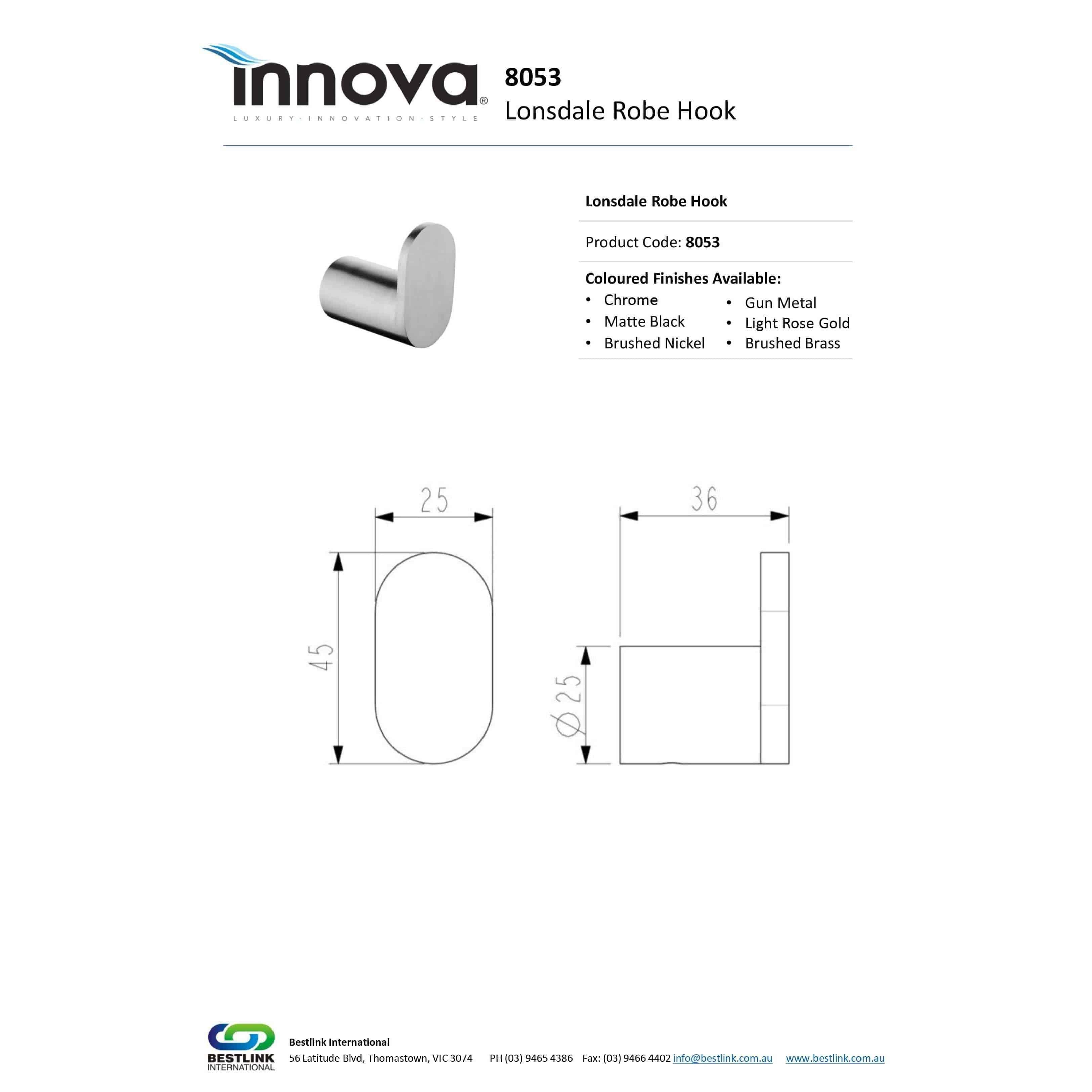 Innova Lonsdale Robe Hook 25mm X 45mm - Burdens Plumbing