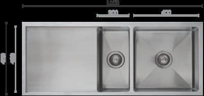 Interchange Uptown 250 1 & 1/2 Double Bowl Sink & Drainer 1100X450X250 Radius Corner Utr4 - Burdens Plumbing