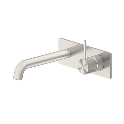 Nero Mecca Wall Basin Mixer Handle Up 185mm Spout Brushed Nickel - Burdens Plumbing