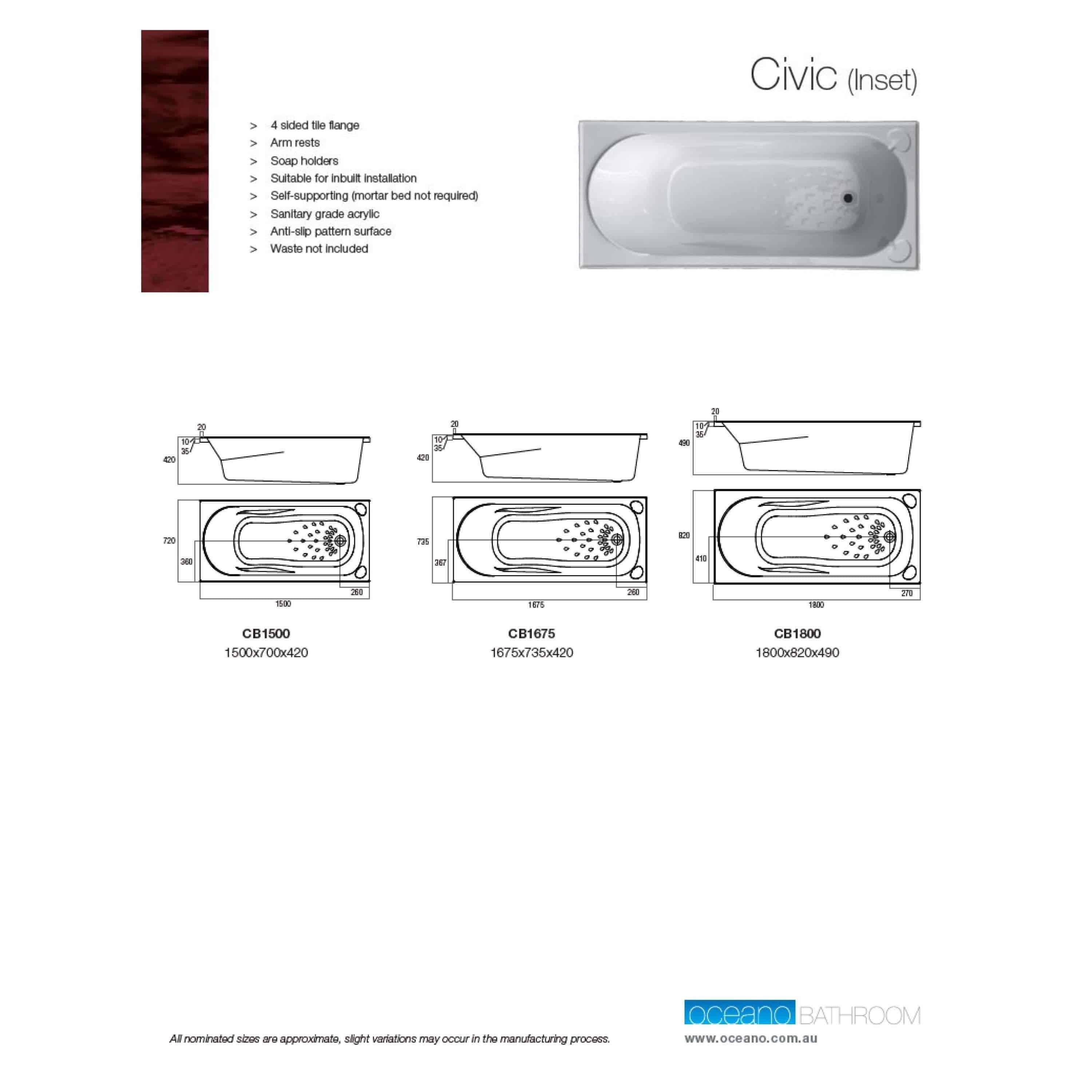 Oceano Civic Inset Bath 1800 X 820 X 490 White - Burdens Plumbing