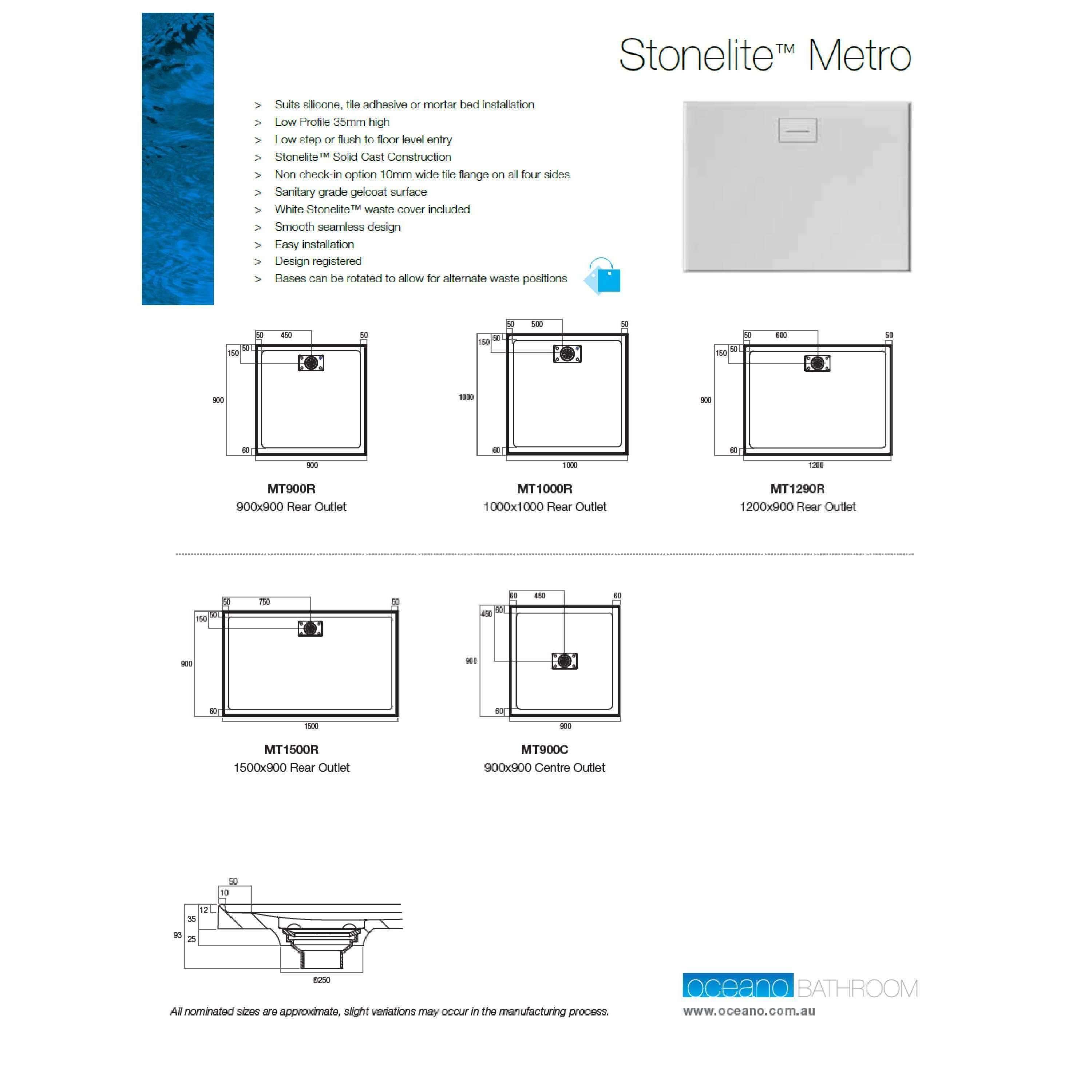 Oceano Stonelite Metro Base 900 X 900 Rear Outlet White Waste Cov - Burdens Plumbing