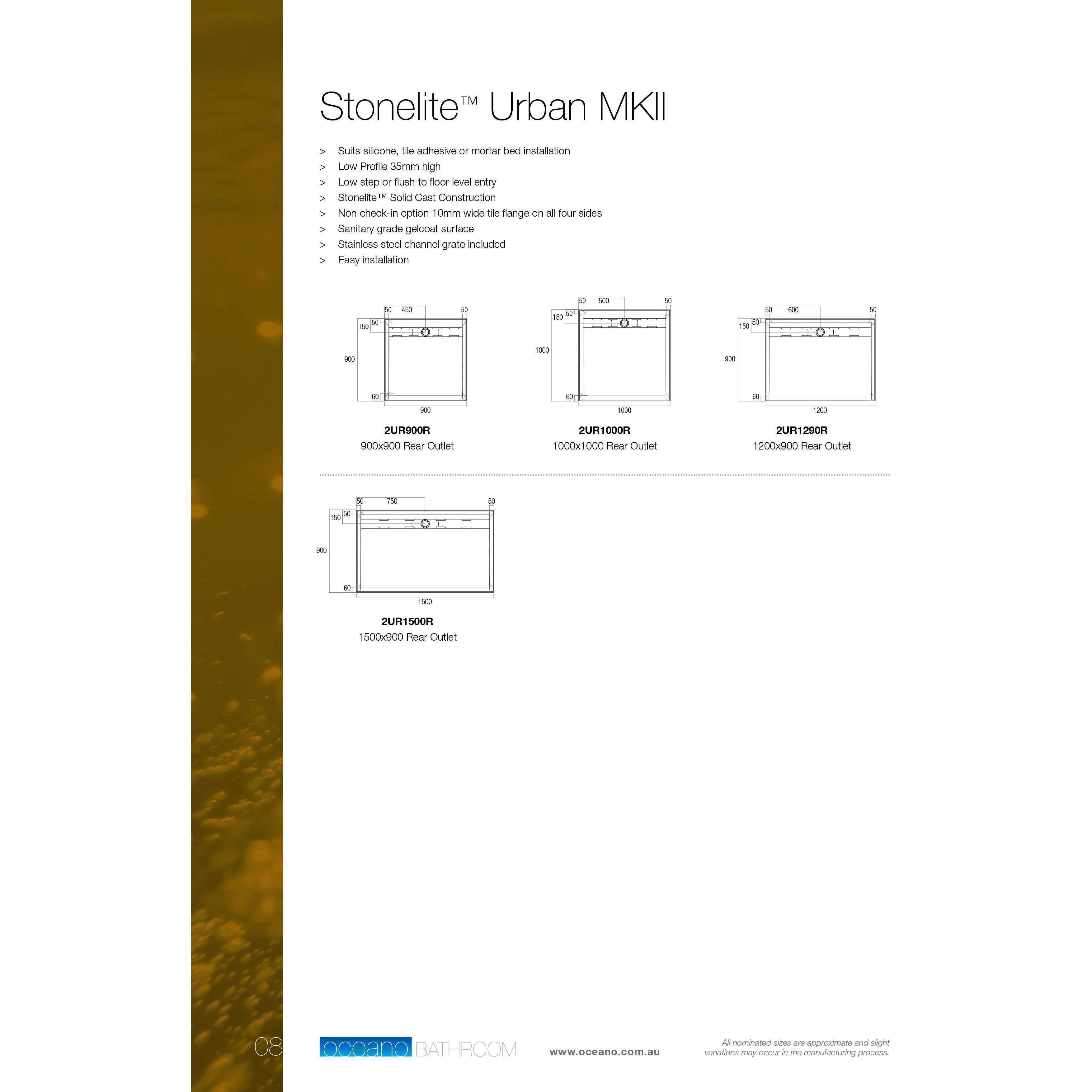 Oceano Stonelite Urban Mk11 Base 1200 X 900 Rear Outlet S/Steel C - Burdens Plumbing