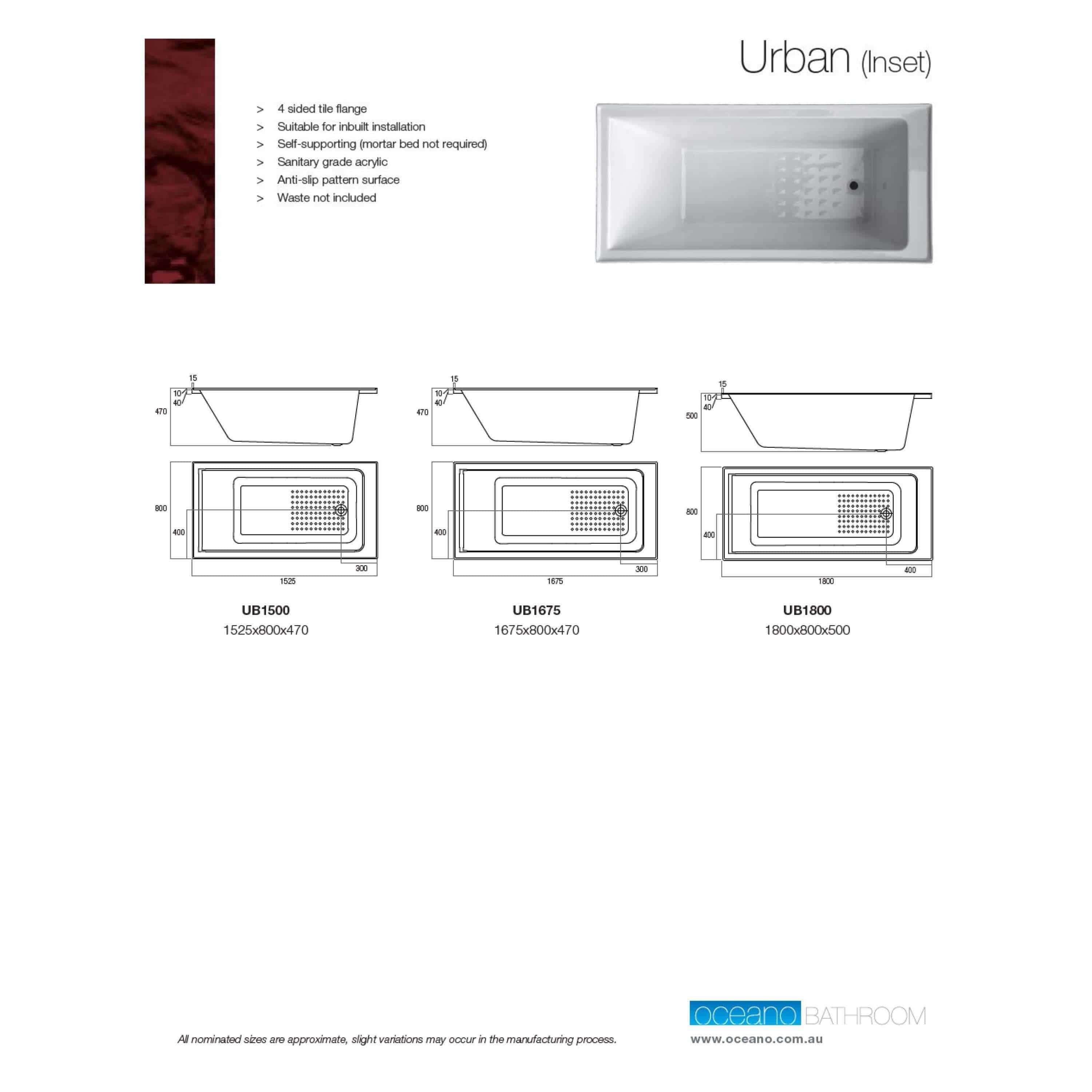 Oceano Urban Inset Bath 1525 X 800 X 470 White Anti Slip - Burdens Plumbing