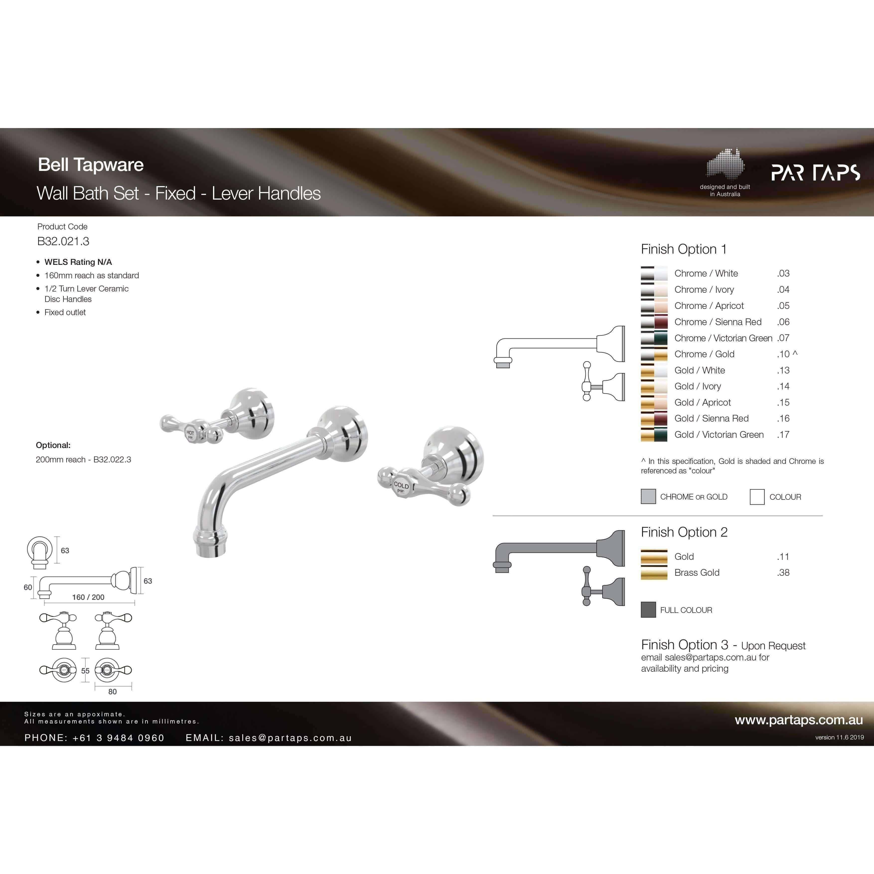 Par Bell Wall Bath Set 160mm Spout Lever Ceramic Disc - Chrome Be002.30Lcd (B32.021.3.01) - Burdens Plumbing