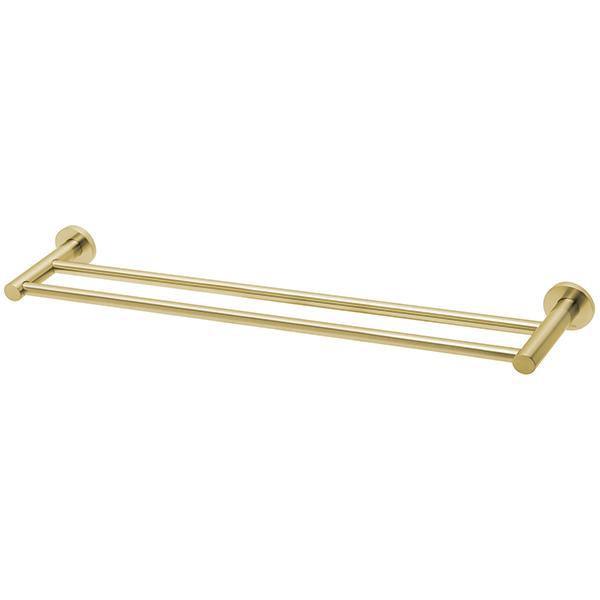PHOENIX RADII DOUBLE TOWEL RAIL 600MM ROUND PLATE BRUSHED GOLD - Burdens Plumbing