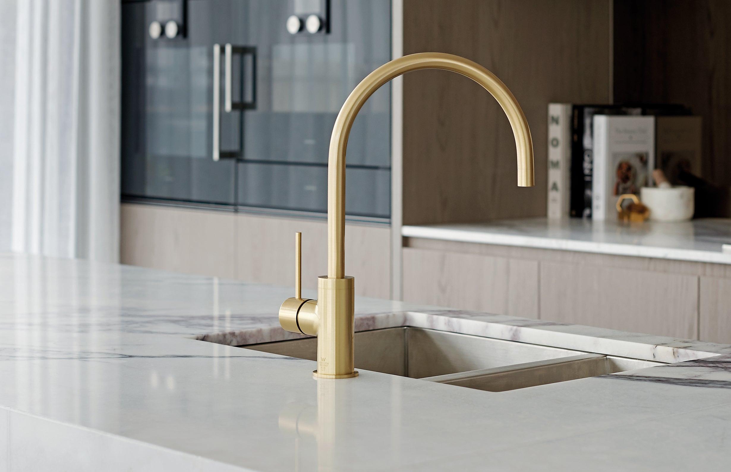 Phoenix Vivid Slimline Side Lever Sink Mixer 220mm Gooseneck Brushed Gold - Burdens Plumbing
