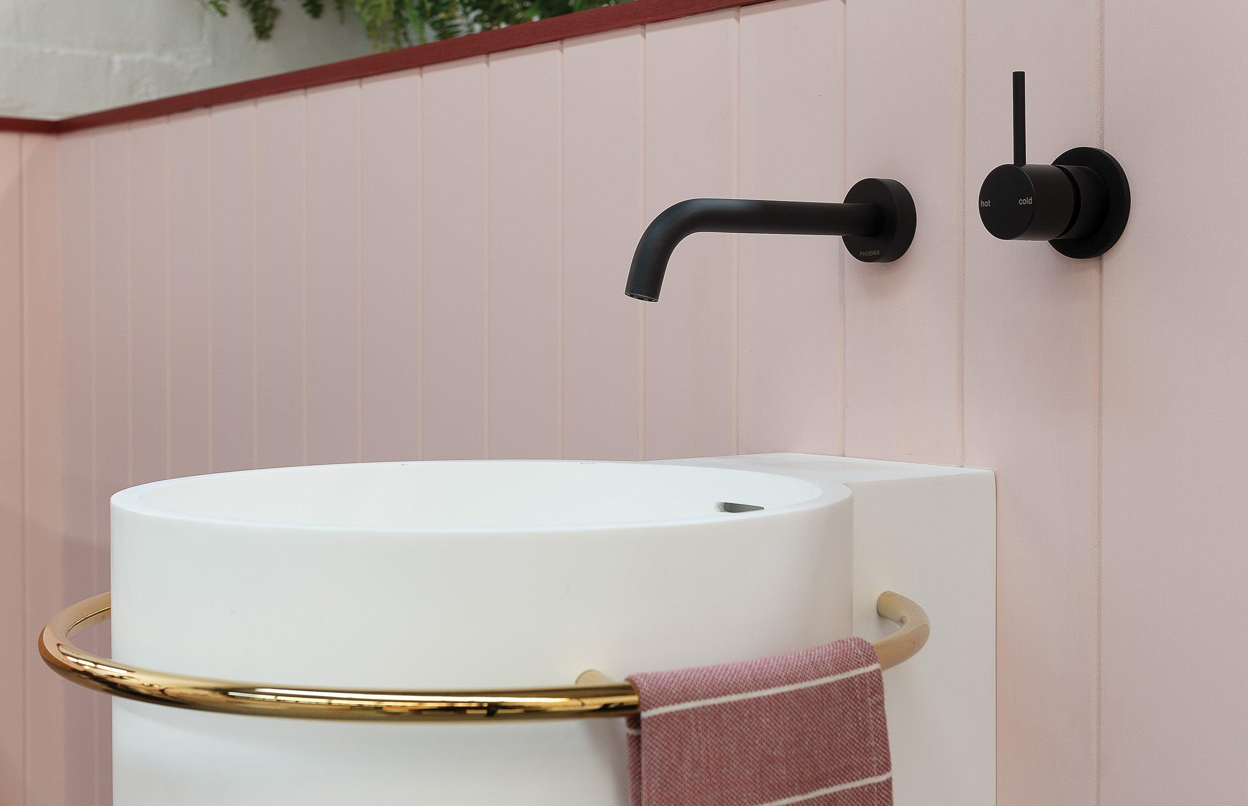 Phoenix Vivid Slimline Wall Bath O/Let Curved 180mm Matt Black - Burdens Plumbing