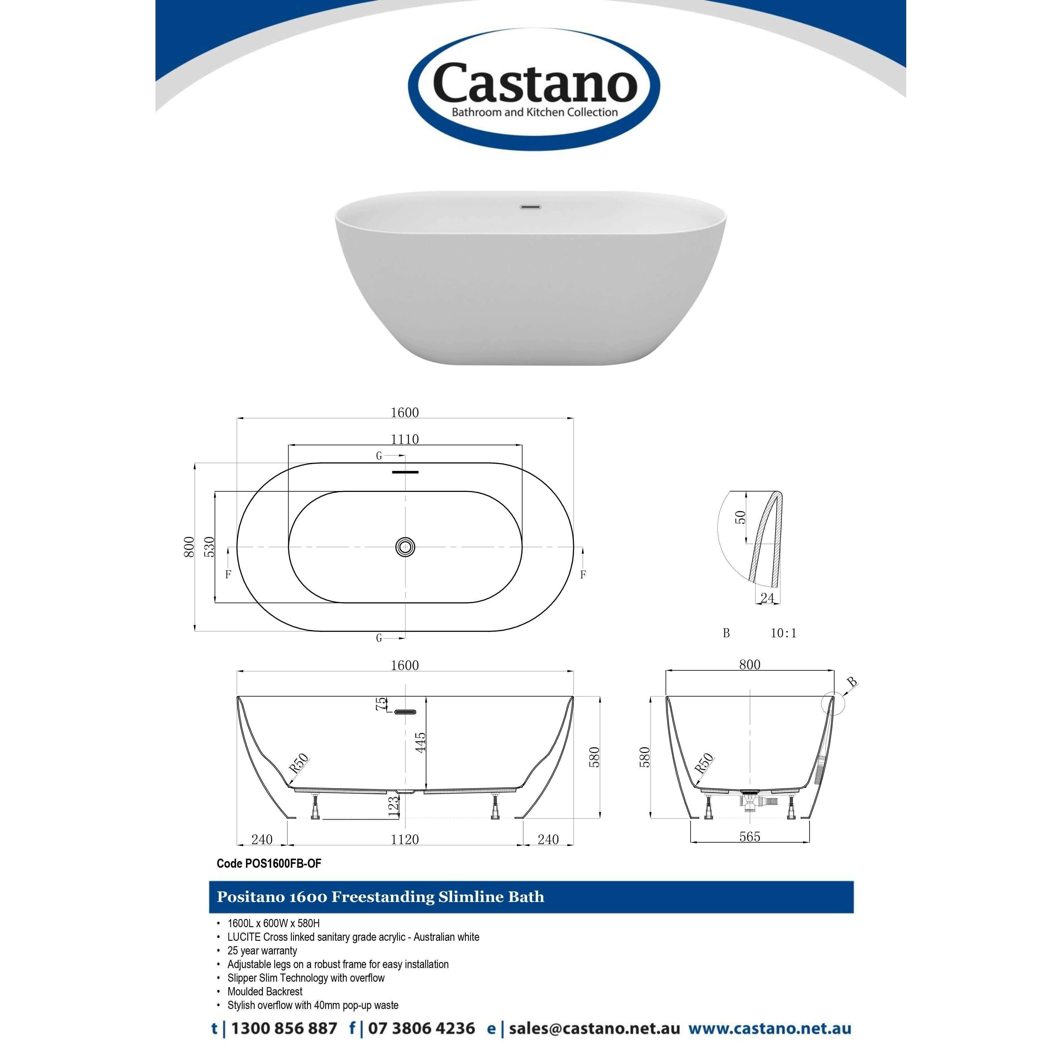 Positano 1600 Slimline Freestanding Lucite Bath - Burdens Plumbing