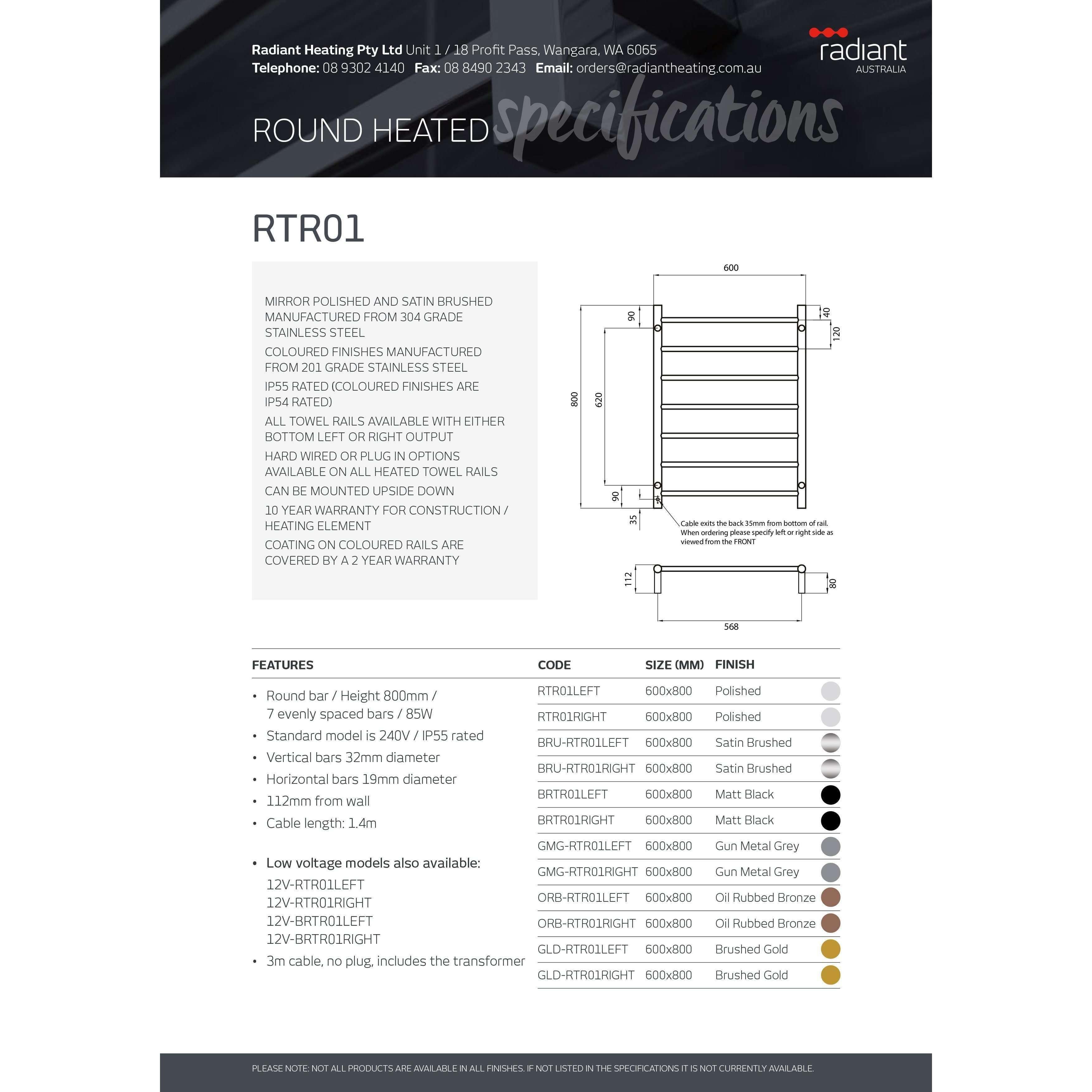 Radiant 7 Bar Rnd Heated Rail 800 X 600 Matt Black - Burdens Plumbing