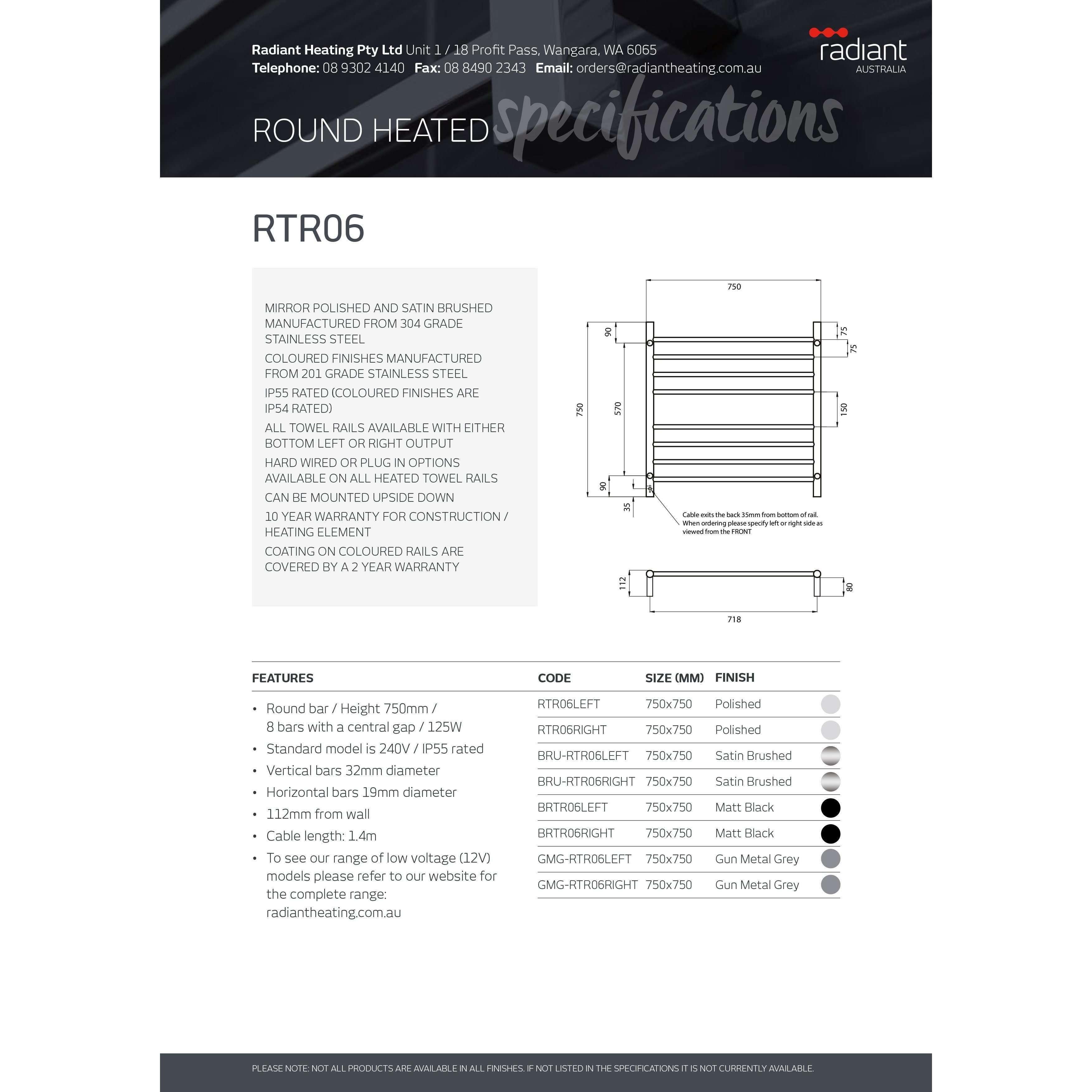 Radiant 8 Bar Round Heated Rail 750X750 Polished S/S Right Hand - Burdens Plumbing