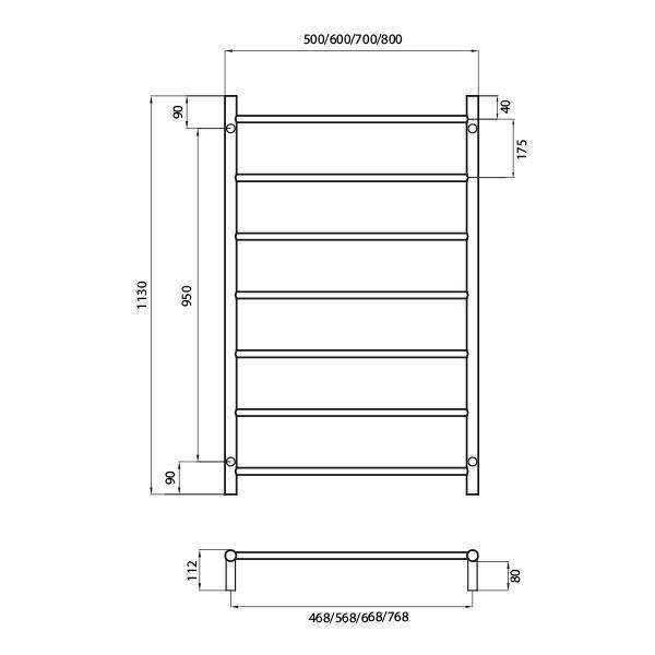 Radiant Round 7 Bar Non-Heated Rail 500mmx1130mm Polished Stainless Steel - Burdens Plumbing