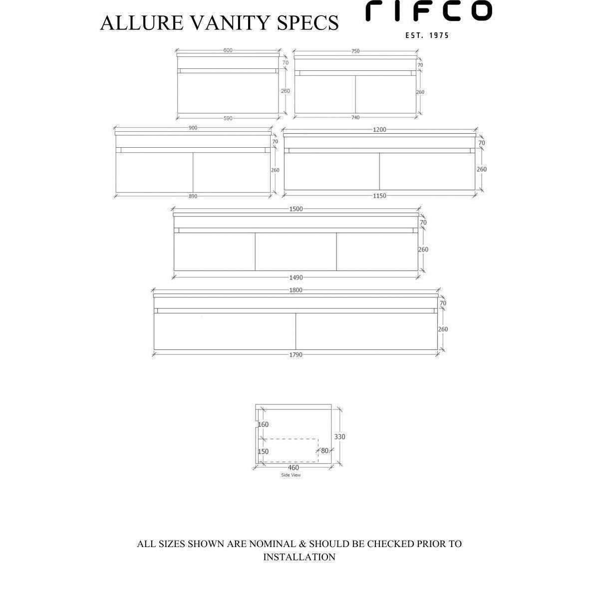 Rifco Allure W/Hung Vanity 1200 Stadium Top 1Th - Burdens Plumbing