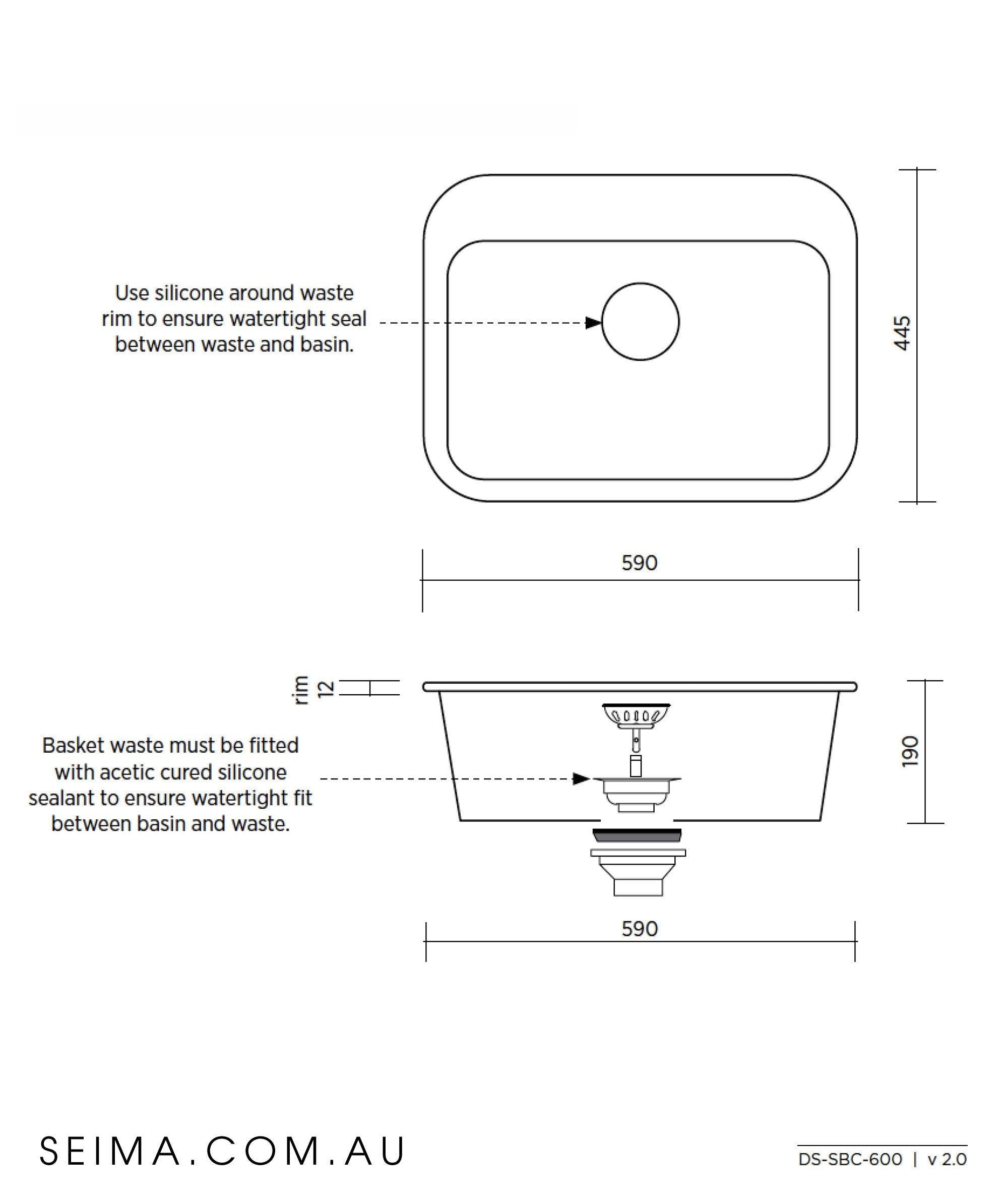 Seima Eva Ceramic Laundry Sink 23Lt 590 X 445 1 Tap Hole Sbc-600 - Burdens Plumbing