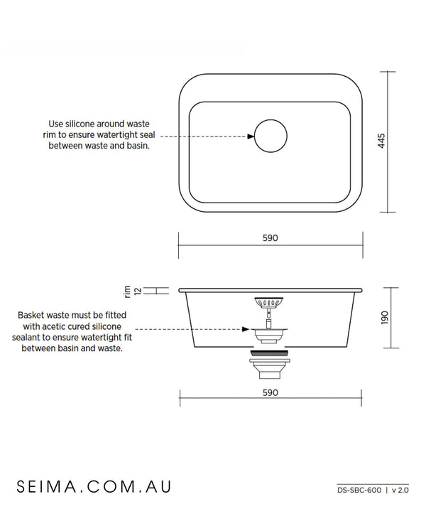 Seima Eva Ceramic Laundry Sink 23Lt 590 X 445 1 Tap Hole Sbc-600 - Burdens Plumbing