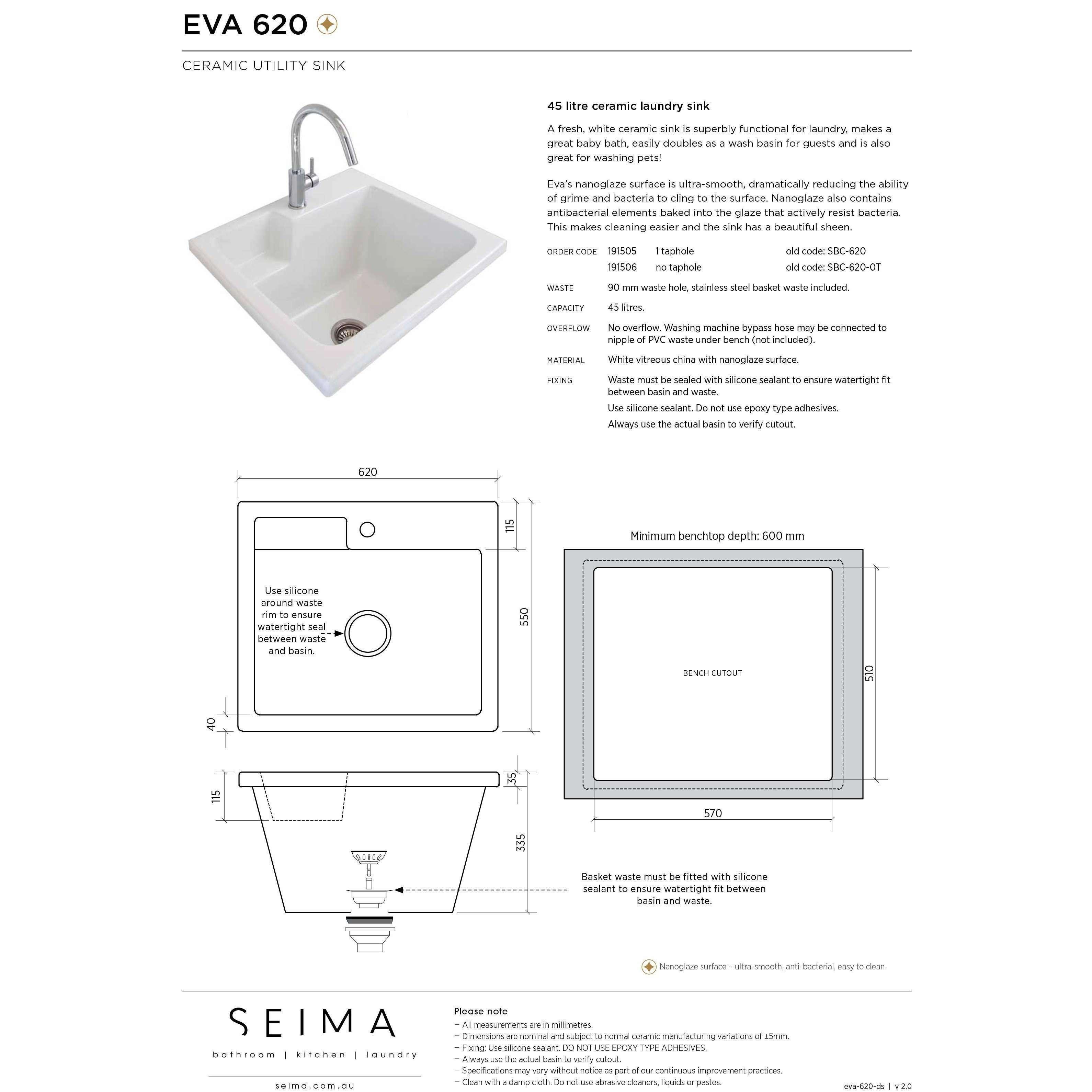 Seima Laundry Trough China Square 620 X 550 1Th White - Burdens Plumbing