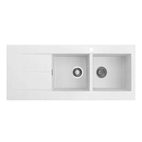 SEIMA OROS 1162 ARQSTONE SINK 2 BOWL WHITE 1 TAPHOLE RIGHT DRAINER 1160X500X210MM - Burdens Plumbing