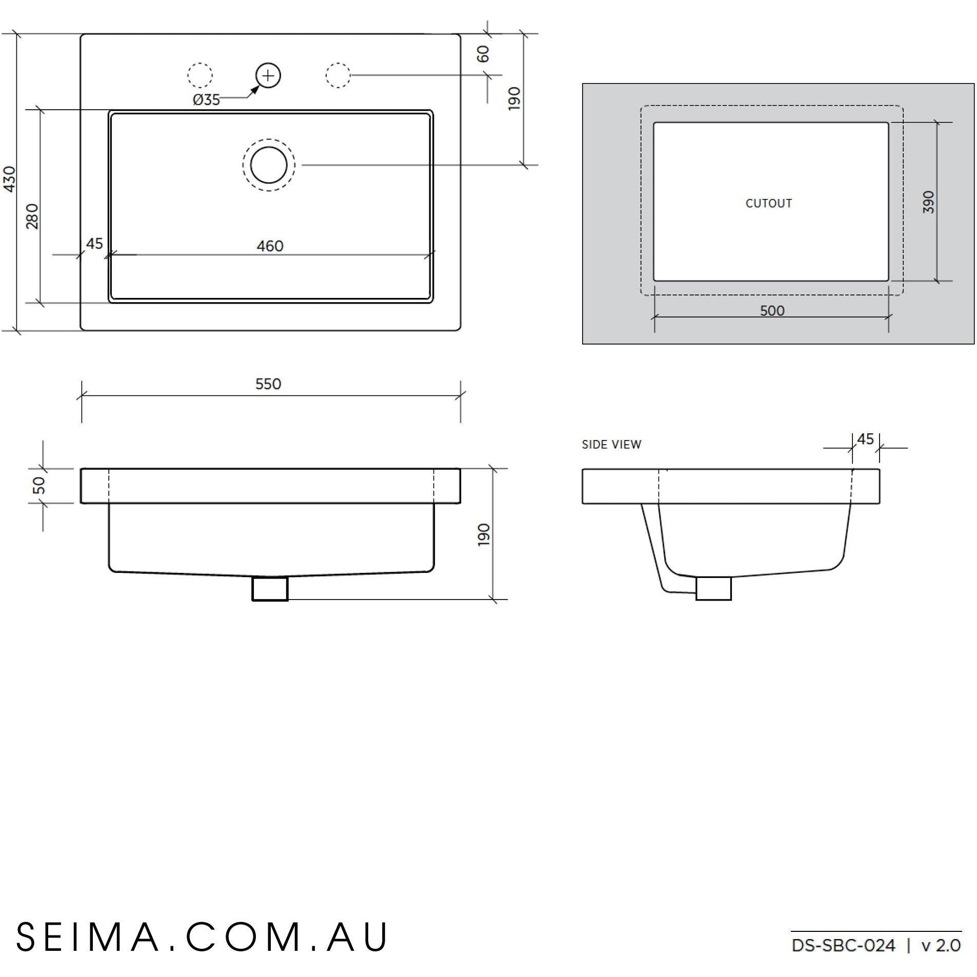 Seima Plati 024 Inset, Above Counter Basin 1 Tap Hole - Burdens Plumbing