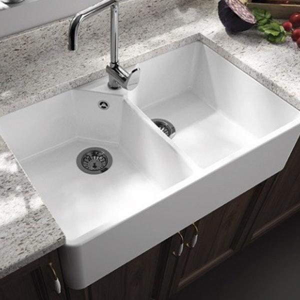T&H Chester 80 X 50 Double Bowl Fireclay Sink 1Th Including Overflow Kit - Burdens Plumbing