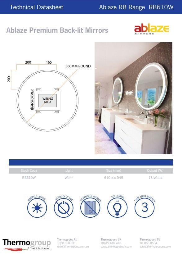 Rb Range Premium Backlit Mirror Round (Warm Light) - 610 Dia - Burdens Plumbing