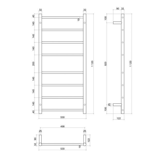 Thermogroup 8 Bar Thermorail Heated Towel Ladder 530mm Brushed Stainless Steel - Burdens Plumbing