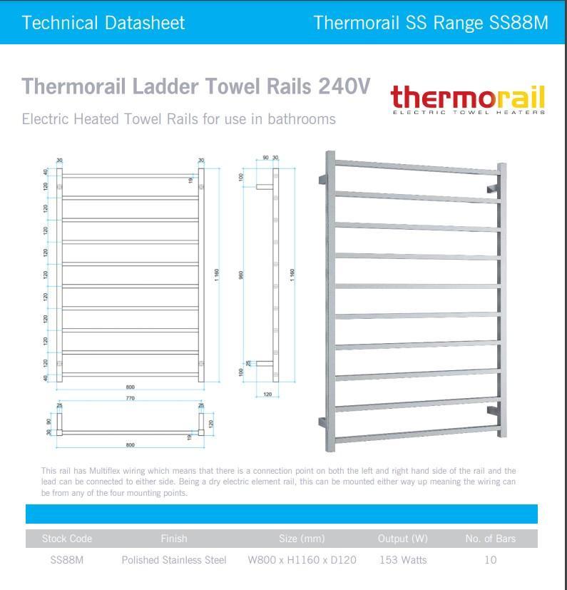 Thermogroup Wide 10 Bar Thermorail Straight Square Heated Towel Ladder 800mm - Burdens Plumbing