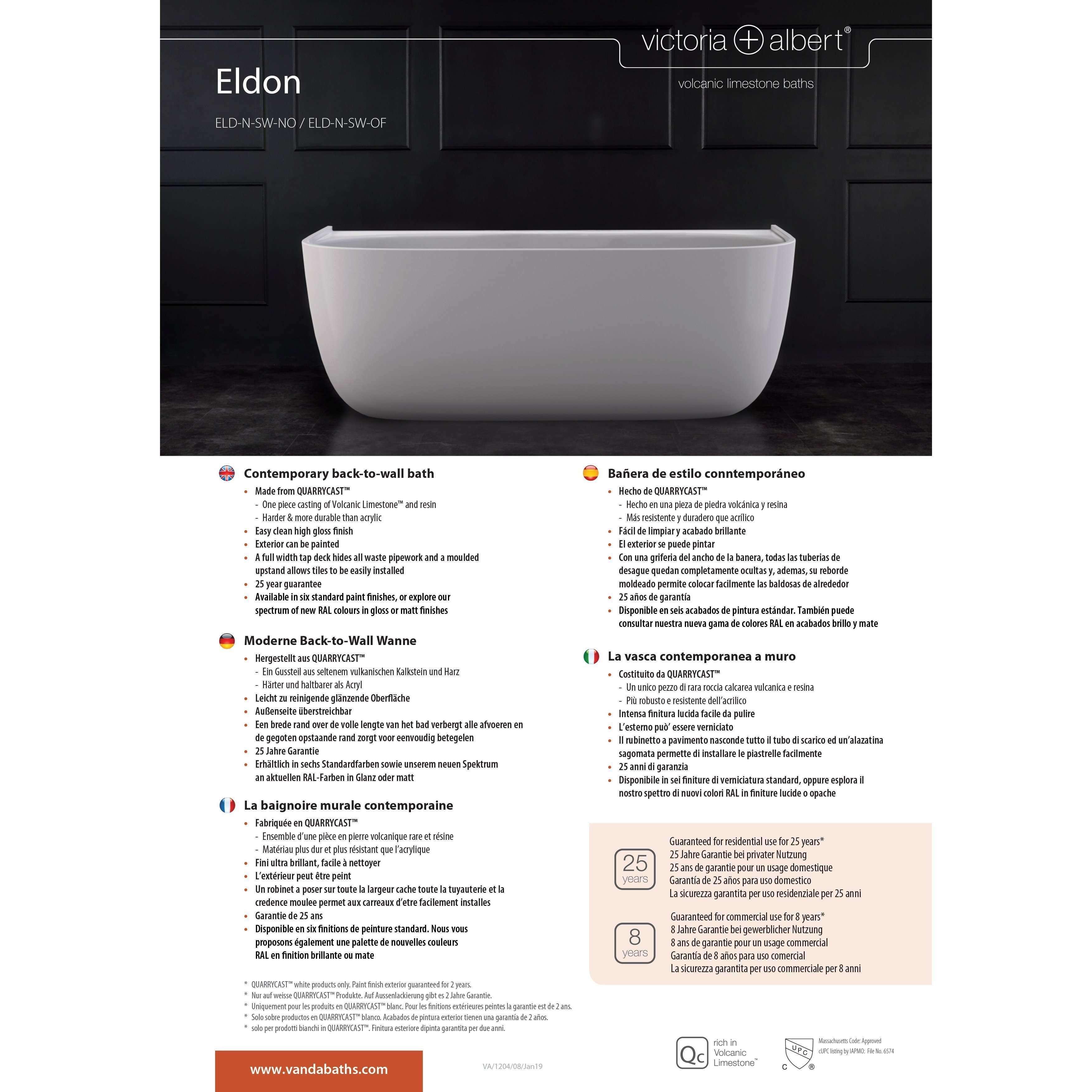V+A Eldon Freestanding Back To Wall Bath No Overflow Quarrycast White - Burdens Plumbing