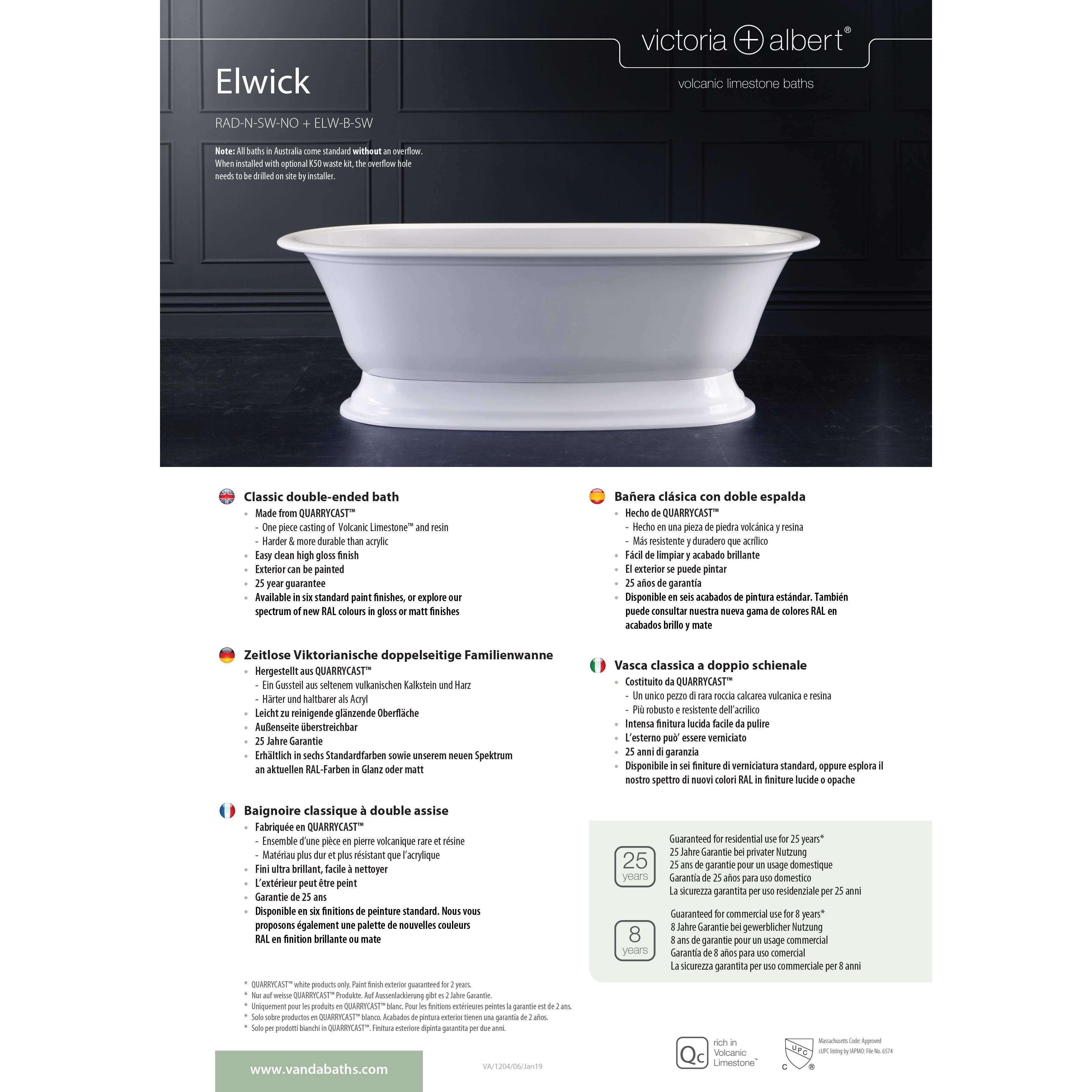 V+A Elwick Freestanding Bath Quarrycast White - Burdens Plumbing