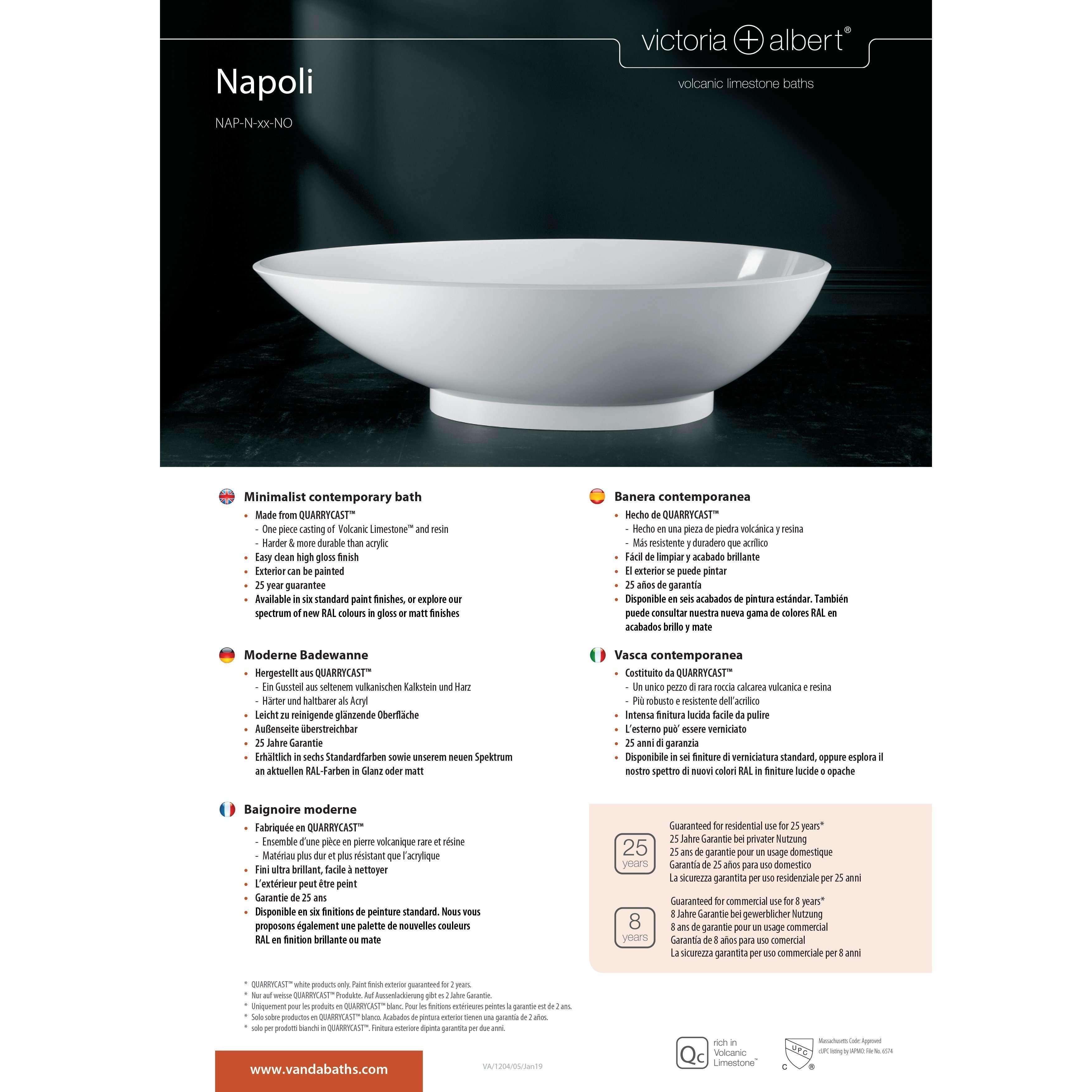 V+A Napoli Freestanding Egg-Shaped Bath No Overflow Quarrycast White - Burdens Plumbing