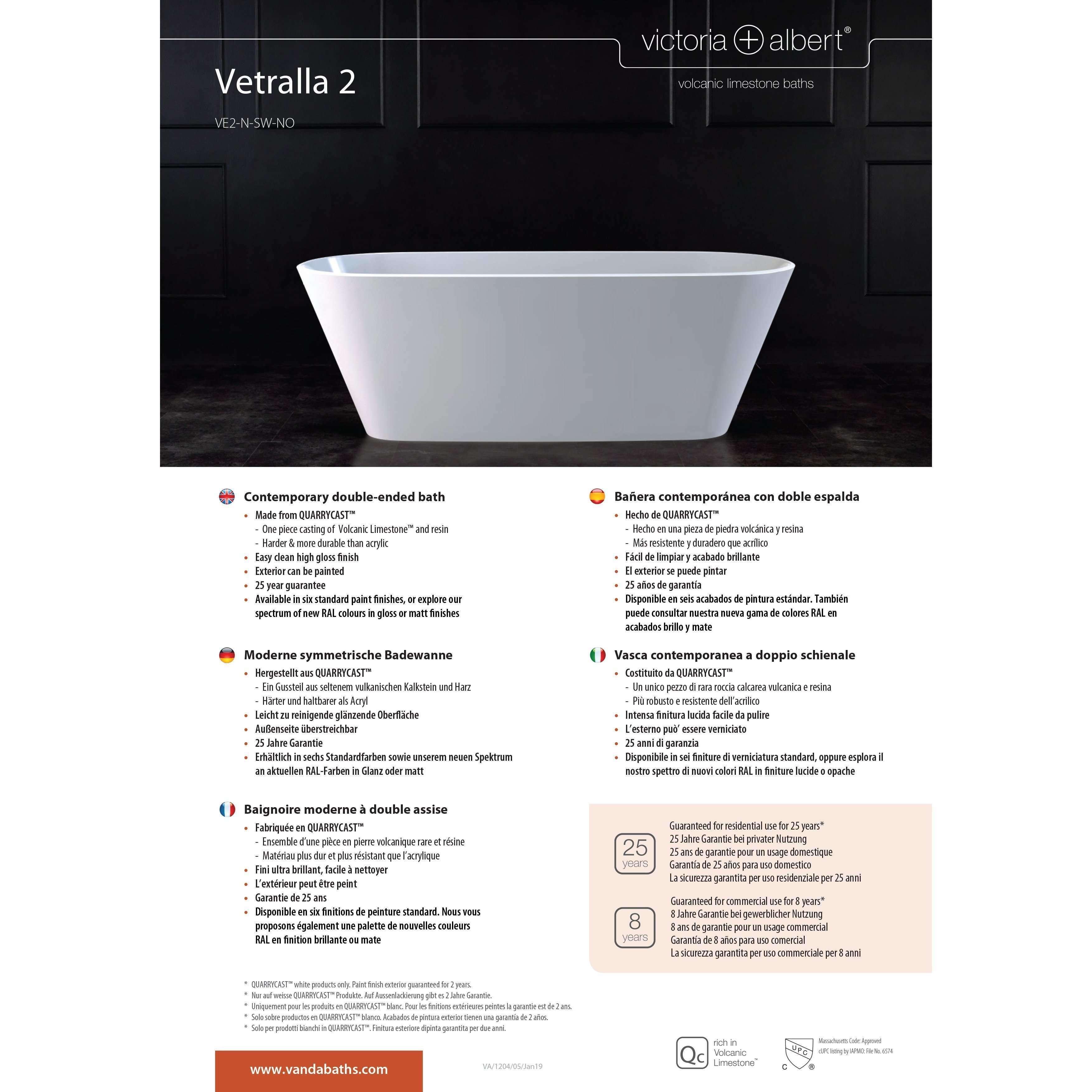 V+A Vetralla 2 Freestanding Bath No Overflow Quarrycast White - Burdens Plumbing