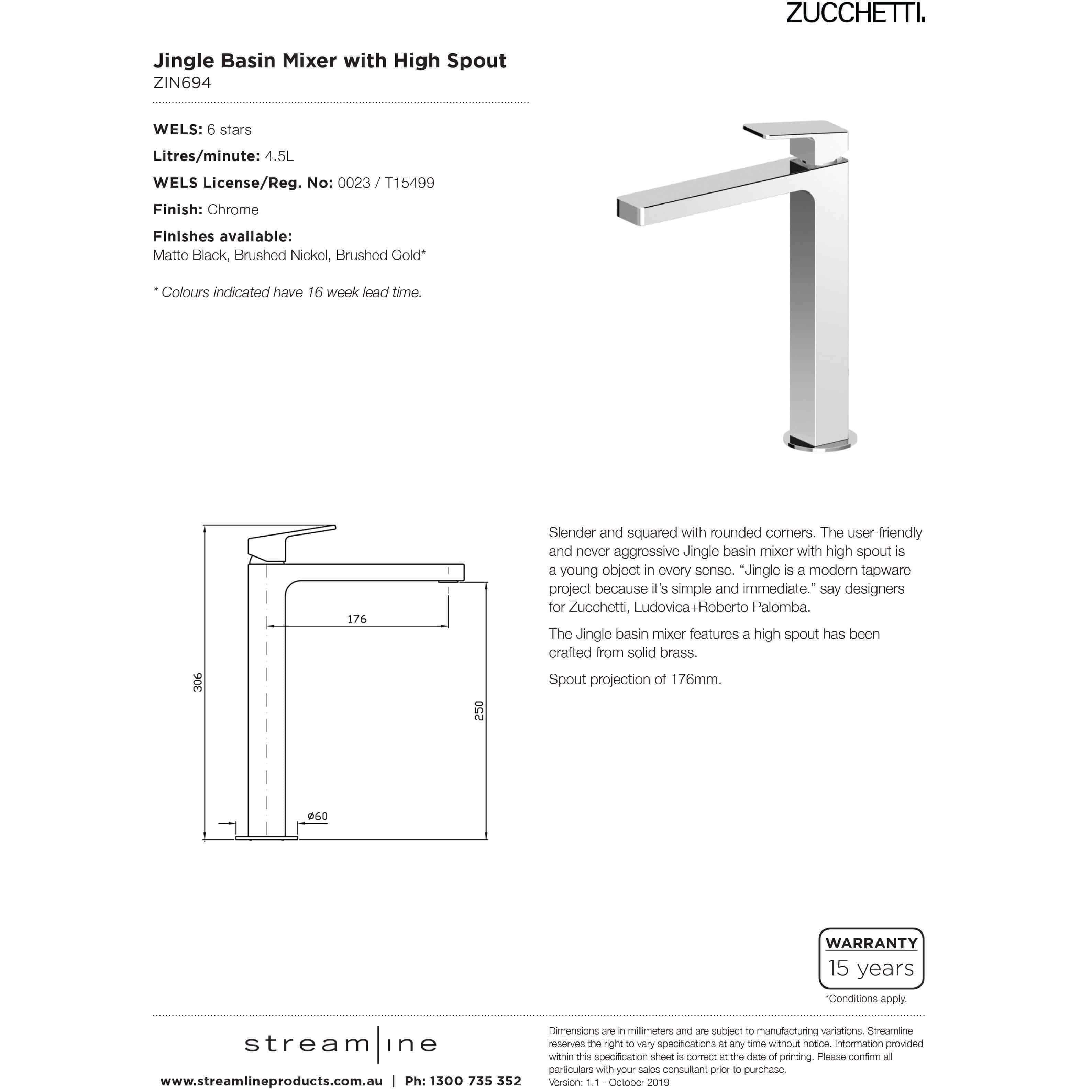Zucchetti Jingle Basin Mixer High Spout Chrome Zin694 - Burdens Plumbing